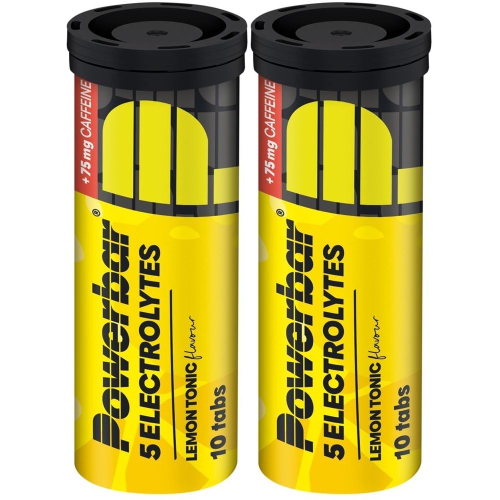 Deux tubes de comprimés jaunes avec couvercles noirs. Inscription : Powerbar 5 Electrolytes, Lemon Tonic, 10 comprimés, +75 mg caféine.