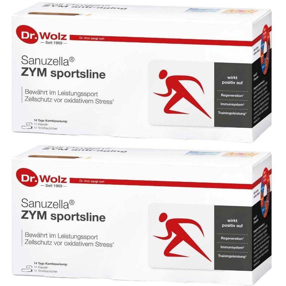 Deux boîtes blanches avec texte rouge. Inscription : Dr. Wolz, Sanuzella ZYM sportsline. Illustration d'un coureur.