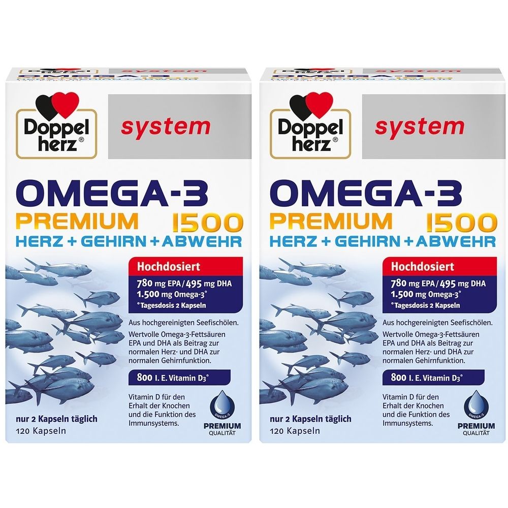 Zwei Packungen Doppelherz Omega-3 Premium 1500. Aufschrift: Omega-3 Premium 1500, Herz + Gehirn + Abwehr. Enthält 120 Kapseln.