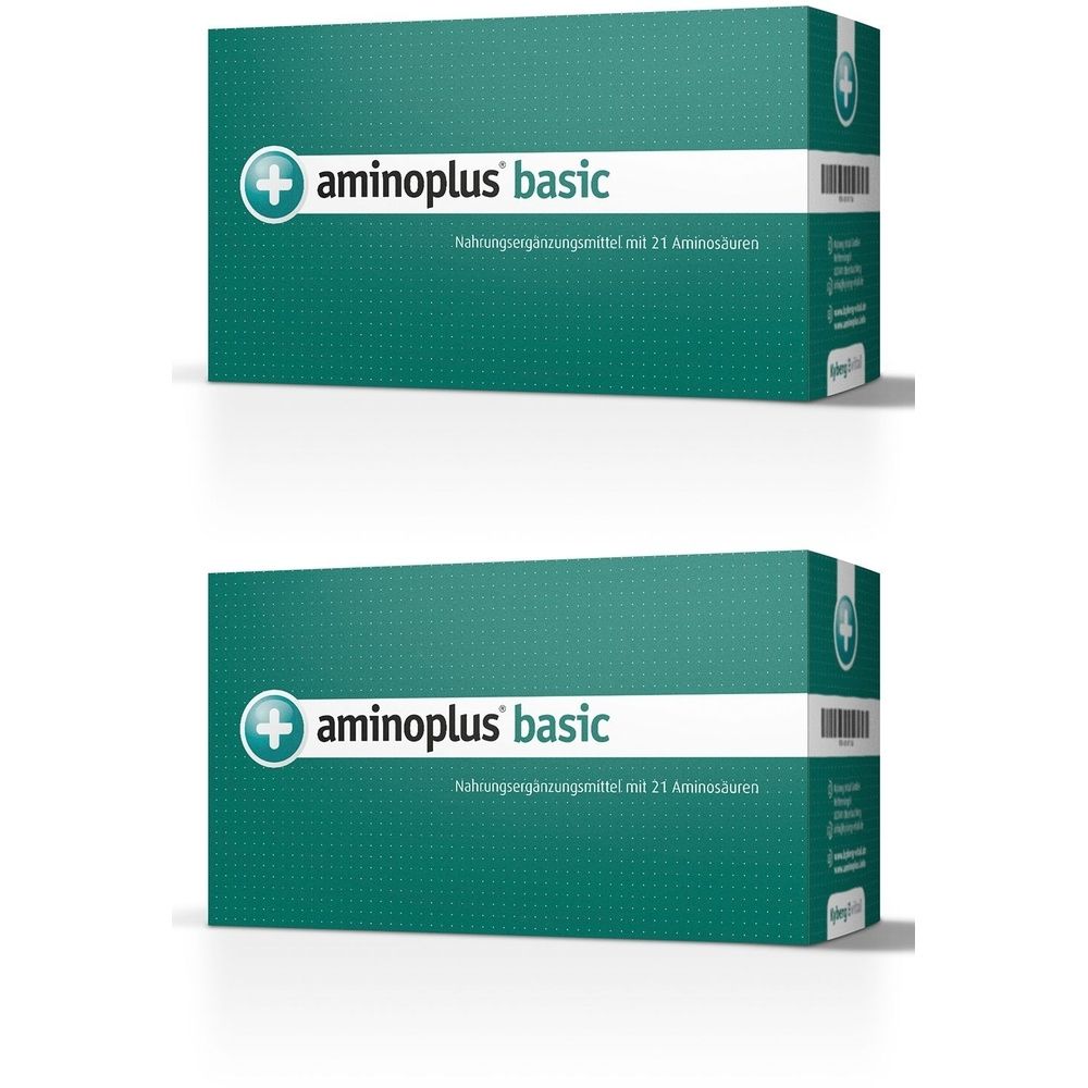 Deux boîtes vertes avec une bande blanche. Inscription : aminoplus basic, complément alimentaire avec 21 acides aminés.