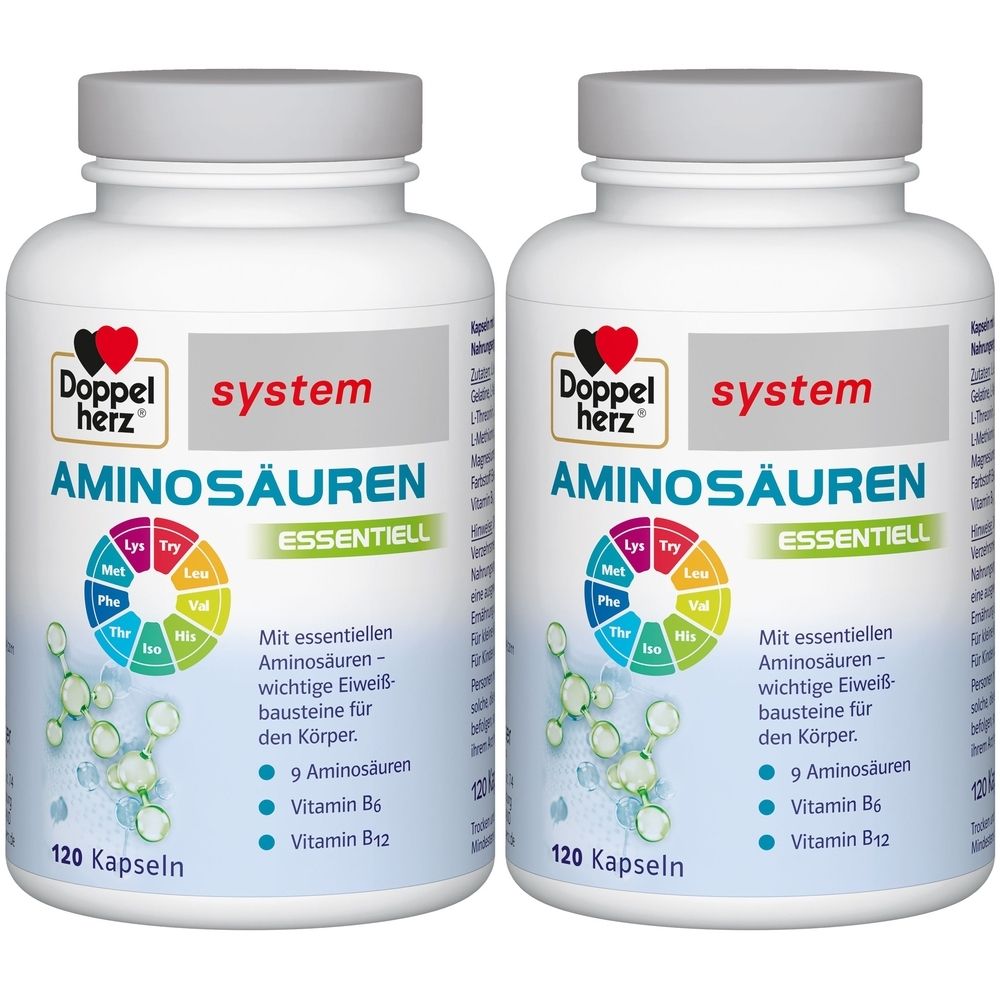 Zwei weiße Flaschen mit dem Aufdruck "Doppelherz system Aminosäuren essentiell". Jede Flasche enthält 120 Kapseln.