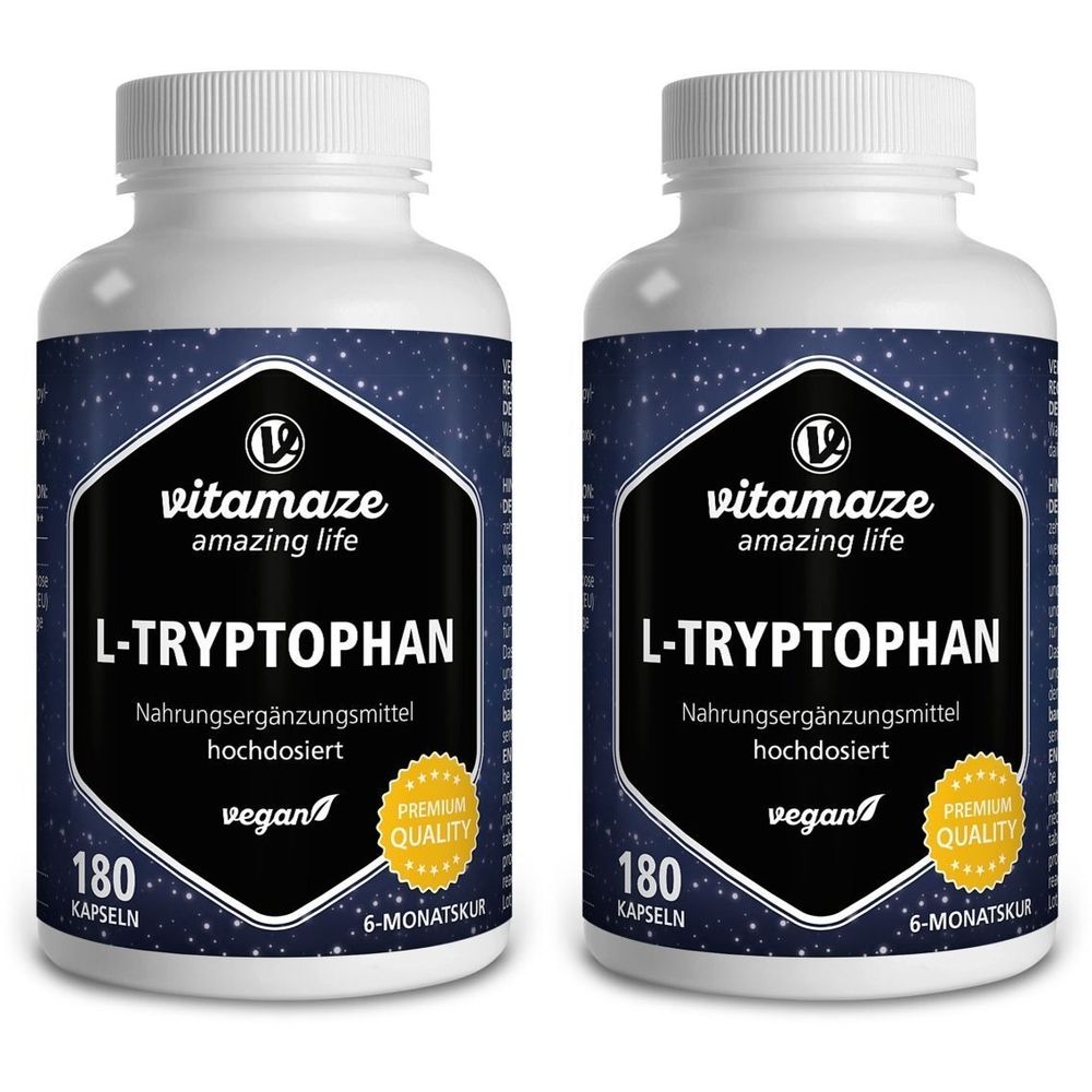 Deux flacons de L-Tryptophane 500 mg. Flacons blancs avec étiquettes bleues. Inscription : L-Tryptophane, 180 gélules, vegan, Premium Quality.