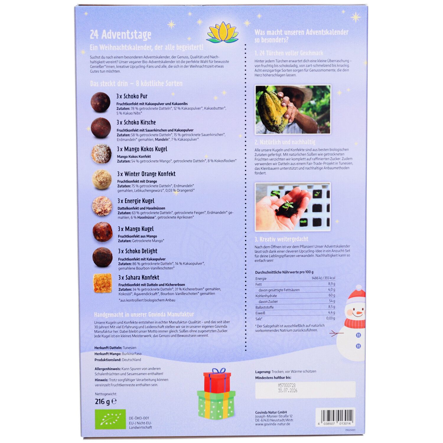 Dos du calendrier de l'Avent. Texte avec détails du contenu et informations nutritionnelles. Logo Govinda. Label bio. Illustrations de cacao et bonhomme de neige.