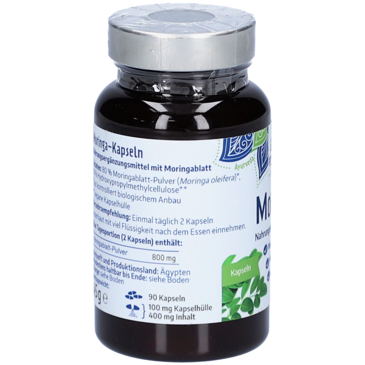 Flacon en verre brun avec couvercle argenté. Dos avec liste des ingrédients et informations nutritionnelles. 90 gélules, 45g.