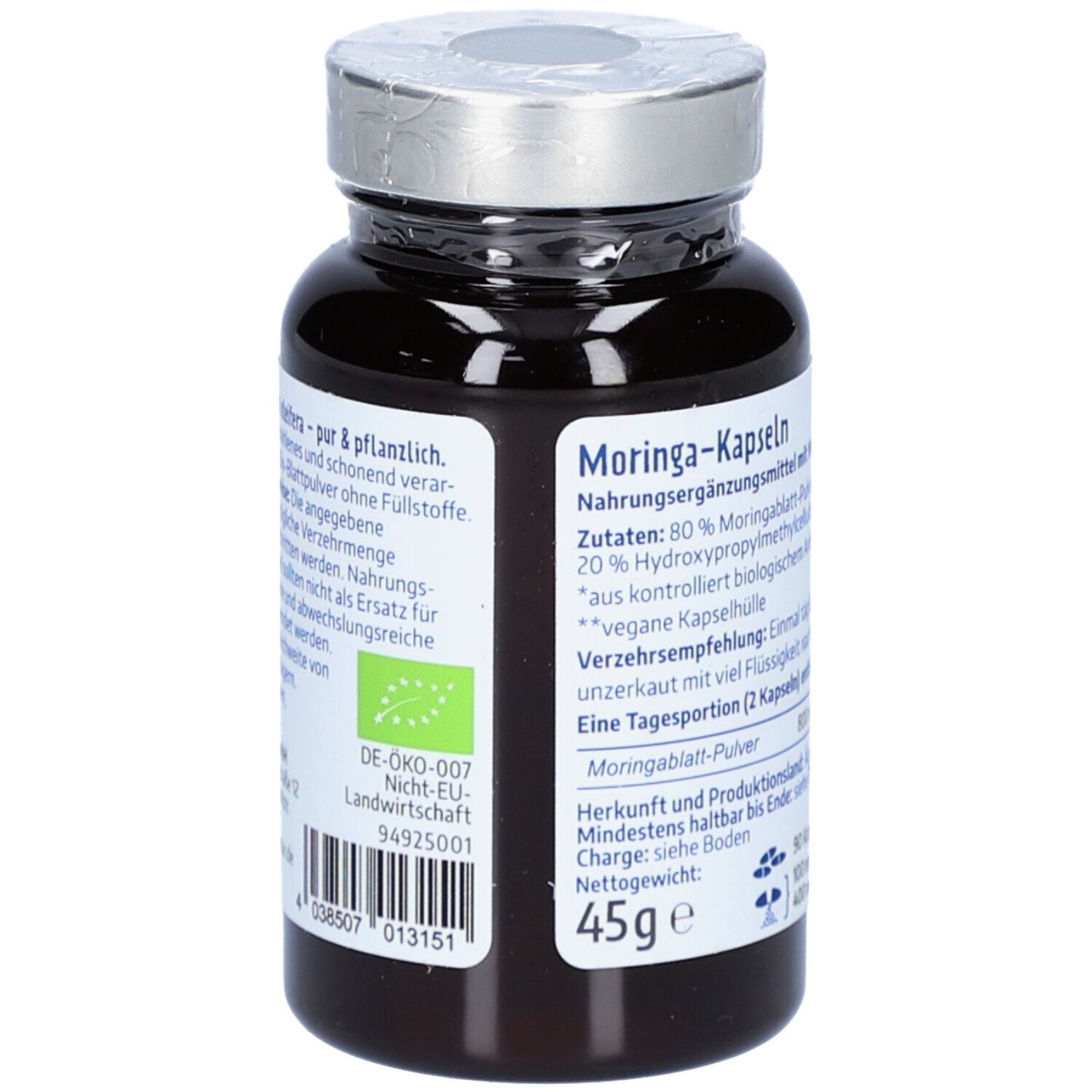 Flacon en verre brun avec couvercle argenté. Dos avec texte, ingrédients, poids 45g, label bio.