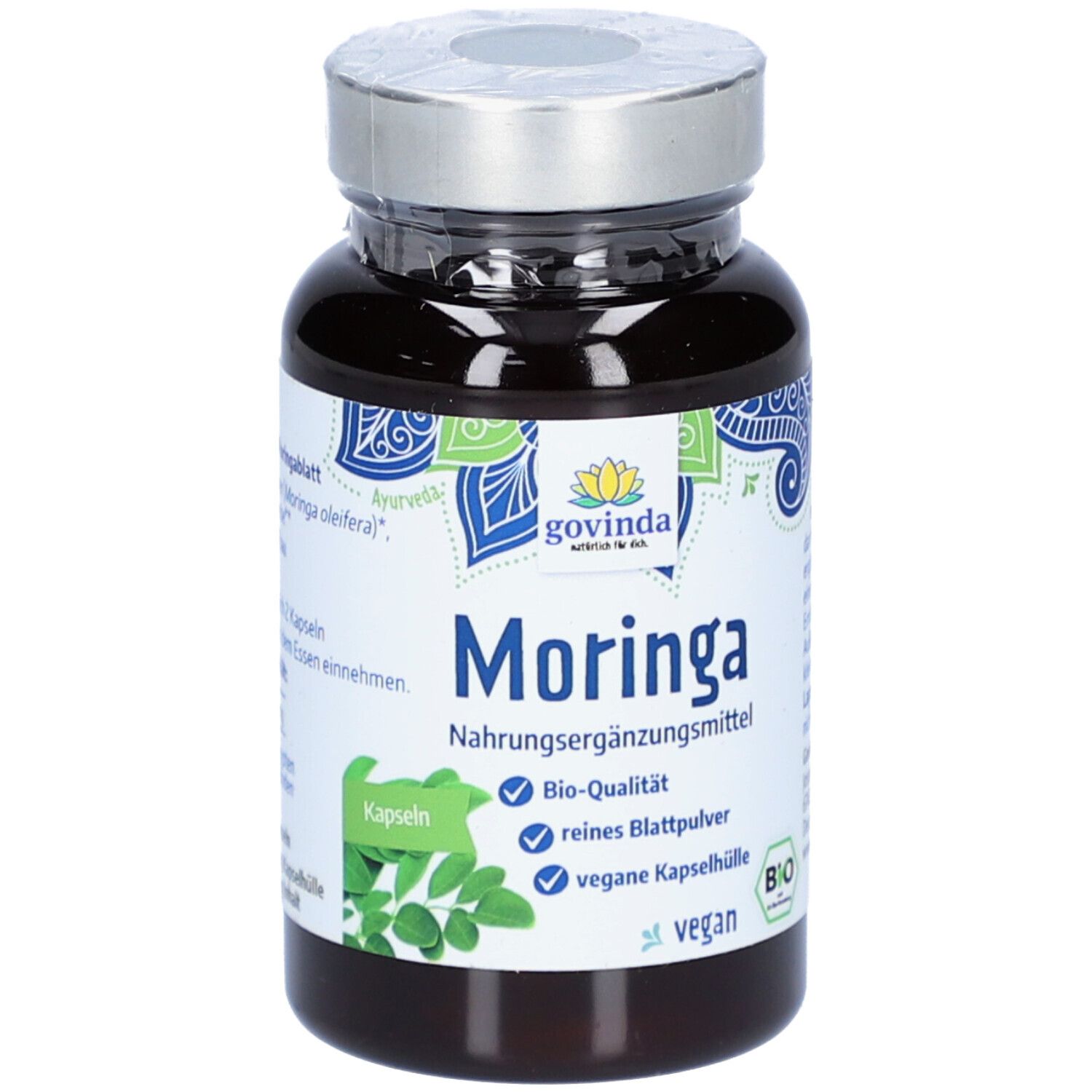 Flacon en verre brun avec couvercle argenté. Inscription : Moringa complément alimentaire, qualité biologique, végétalien.
