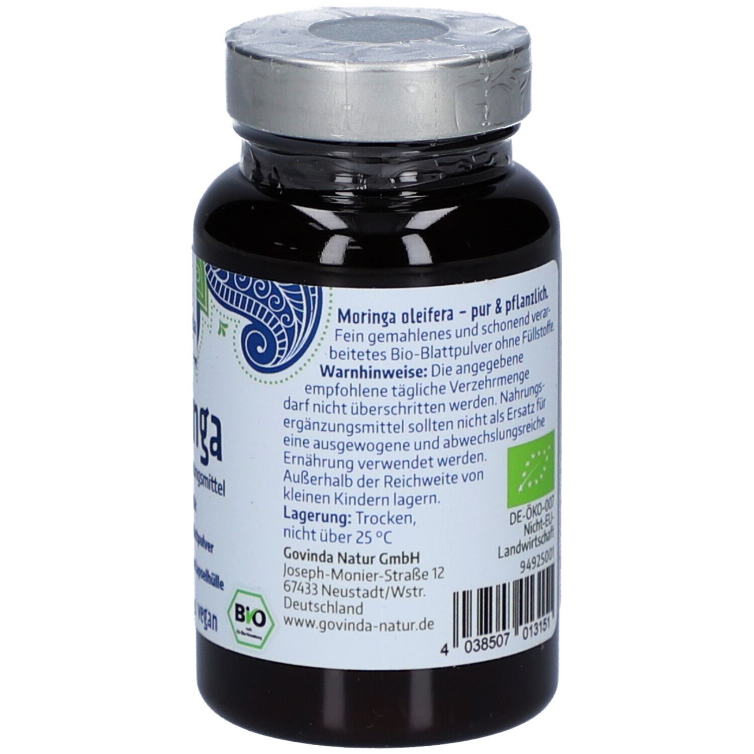 Flacon en verre brun avec couvercle argenté. Dos avec texte, ingrédients, poids 45g, label bio.