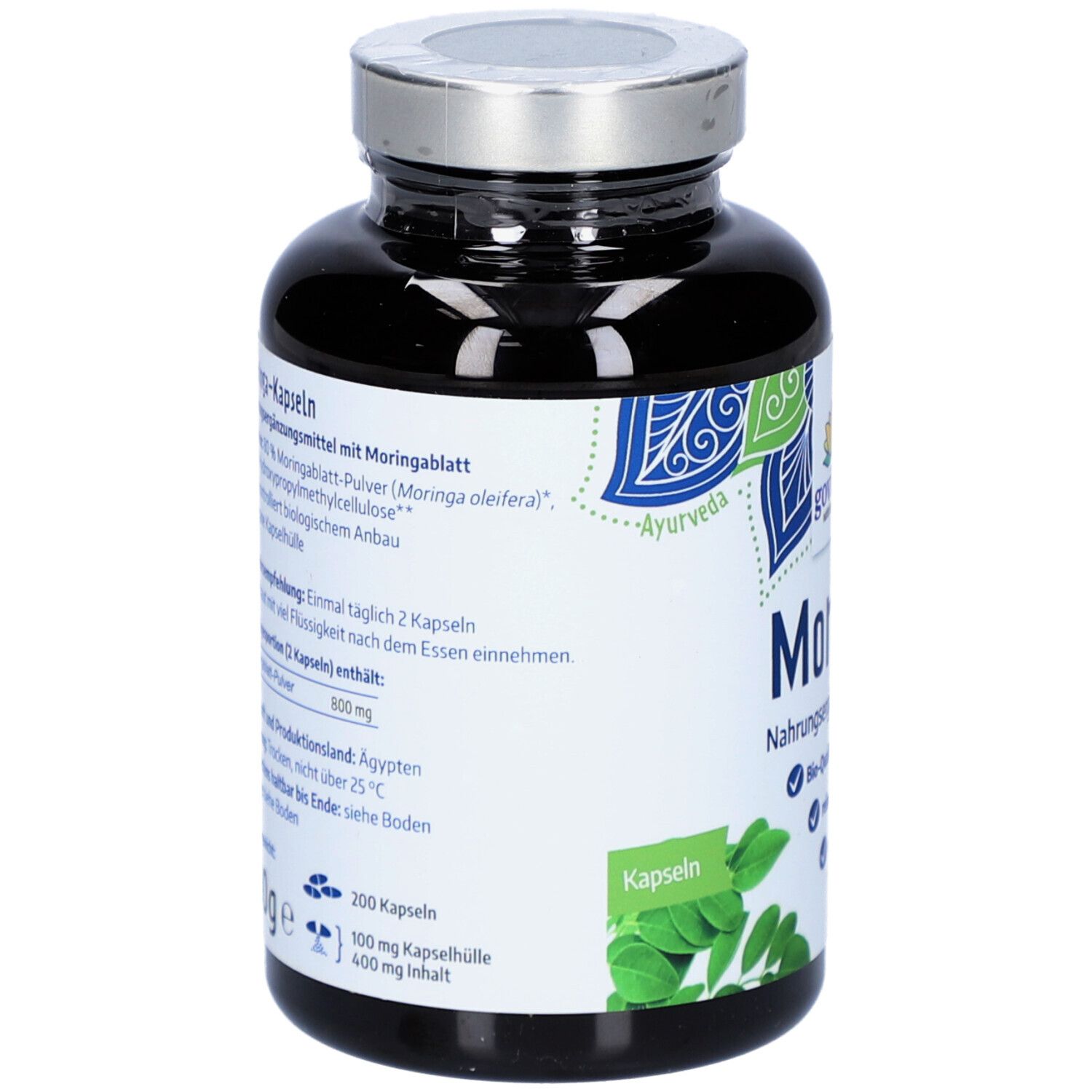 Dos du flacon de gélules de Moringa. Texte : 200 gélules, 100mg enveloppe, 400mg contenu. Informations sur la prise.