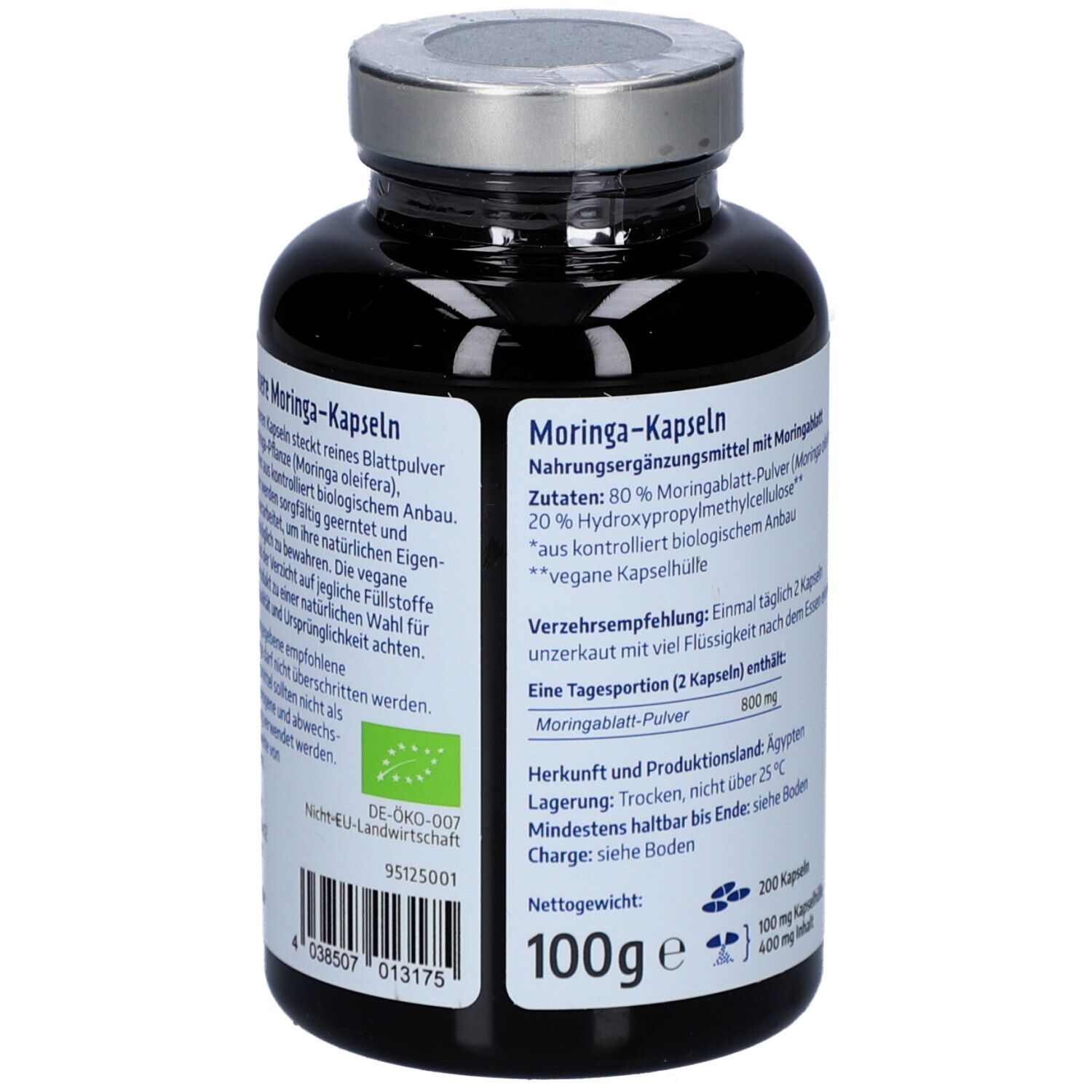 Dos du flacon de gélules de Moringa. Texte : 100g, ingrédients, recommandation de consommation, origine, date limite, label bio.