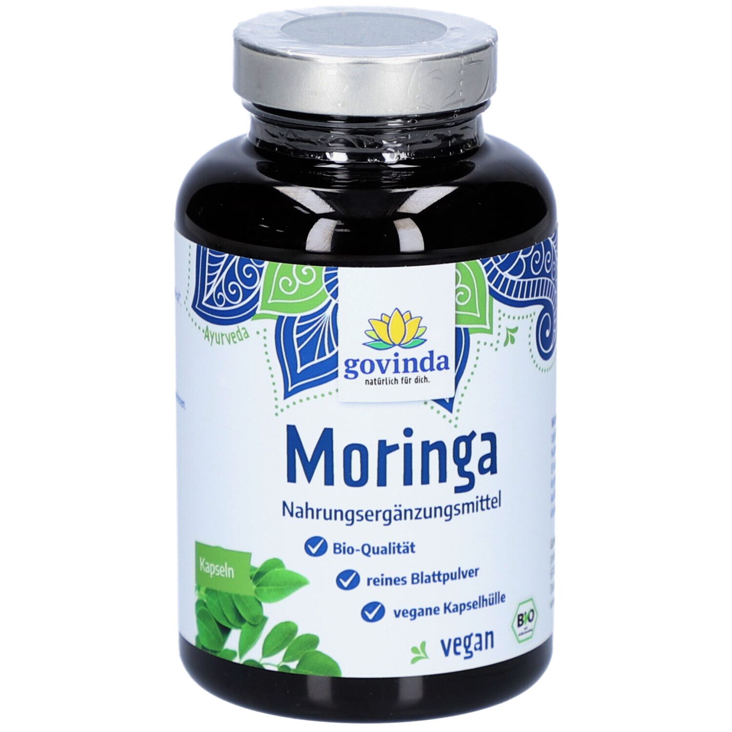 Flacon sombre de gélules de Moringa. Inscription : Govinda Moringa, complément alimentaire, qualité bio, végétalien.