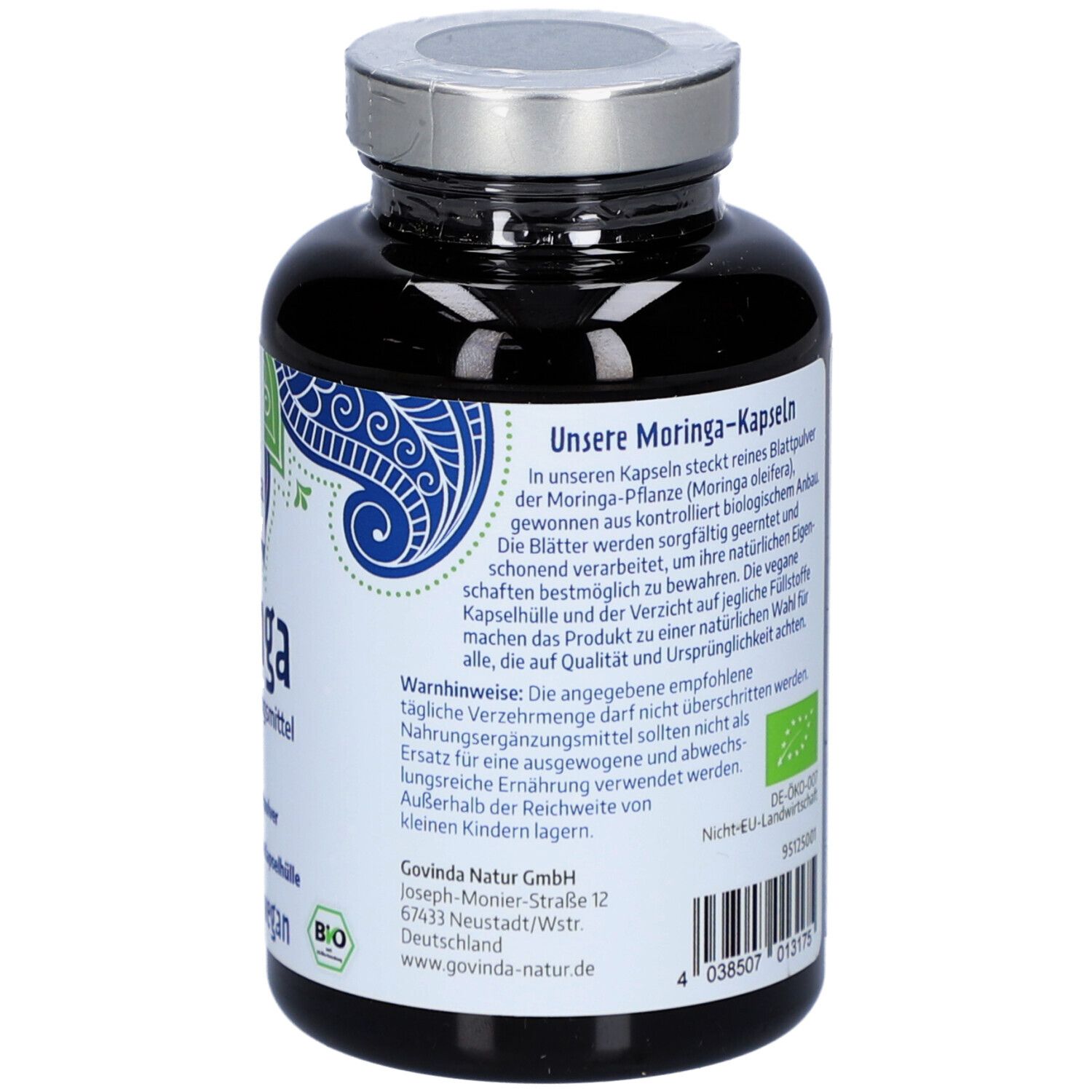 Dos du flacon de gélules de Moringa. Texte : ingrédients, avertissements, label bio, informations fabricant.