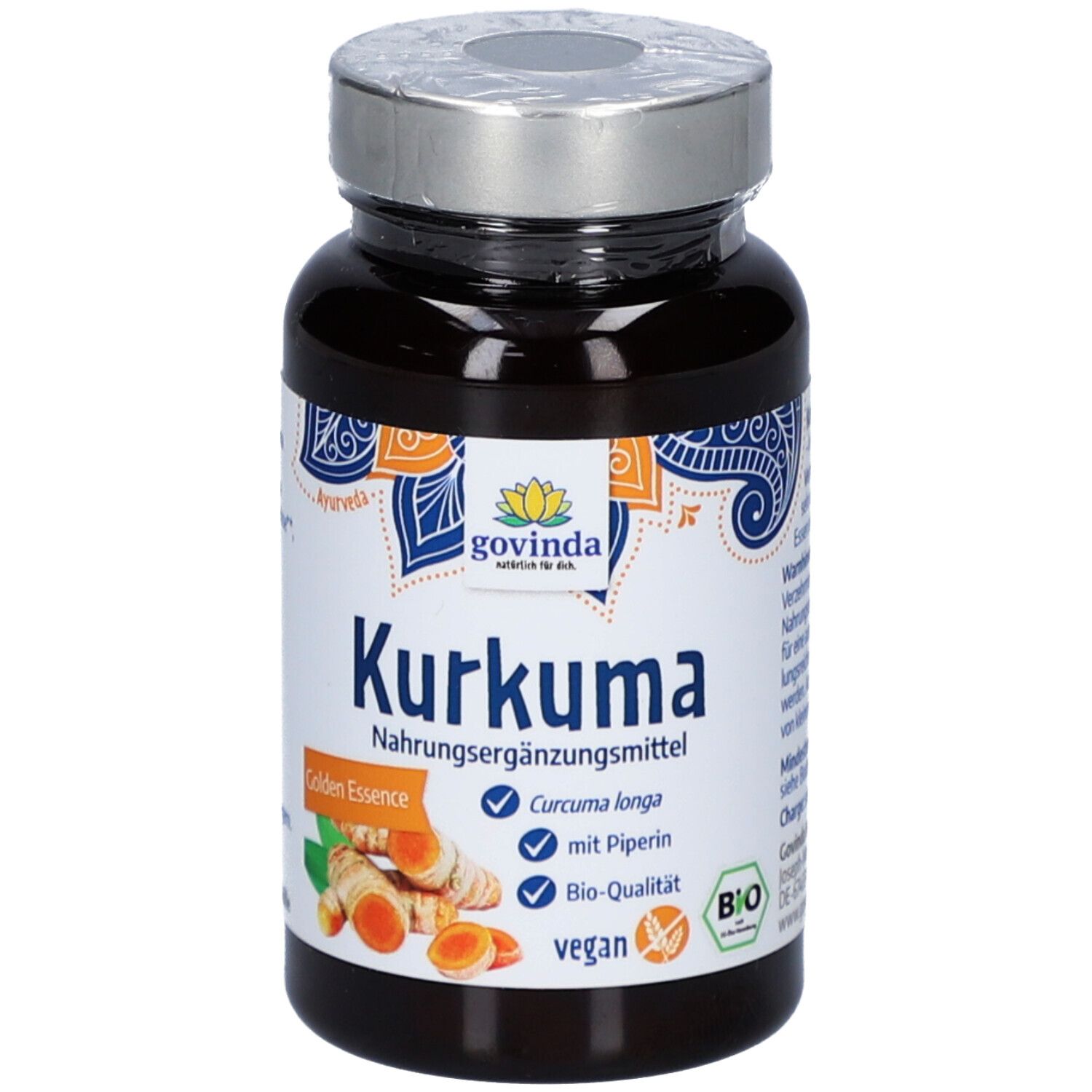 Flacon brun de gélules. Étiquette avec "Kurkuma", "Govinda" et label bio. Illustration de racines de curcuma.