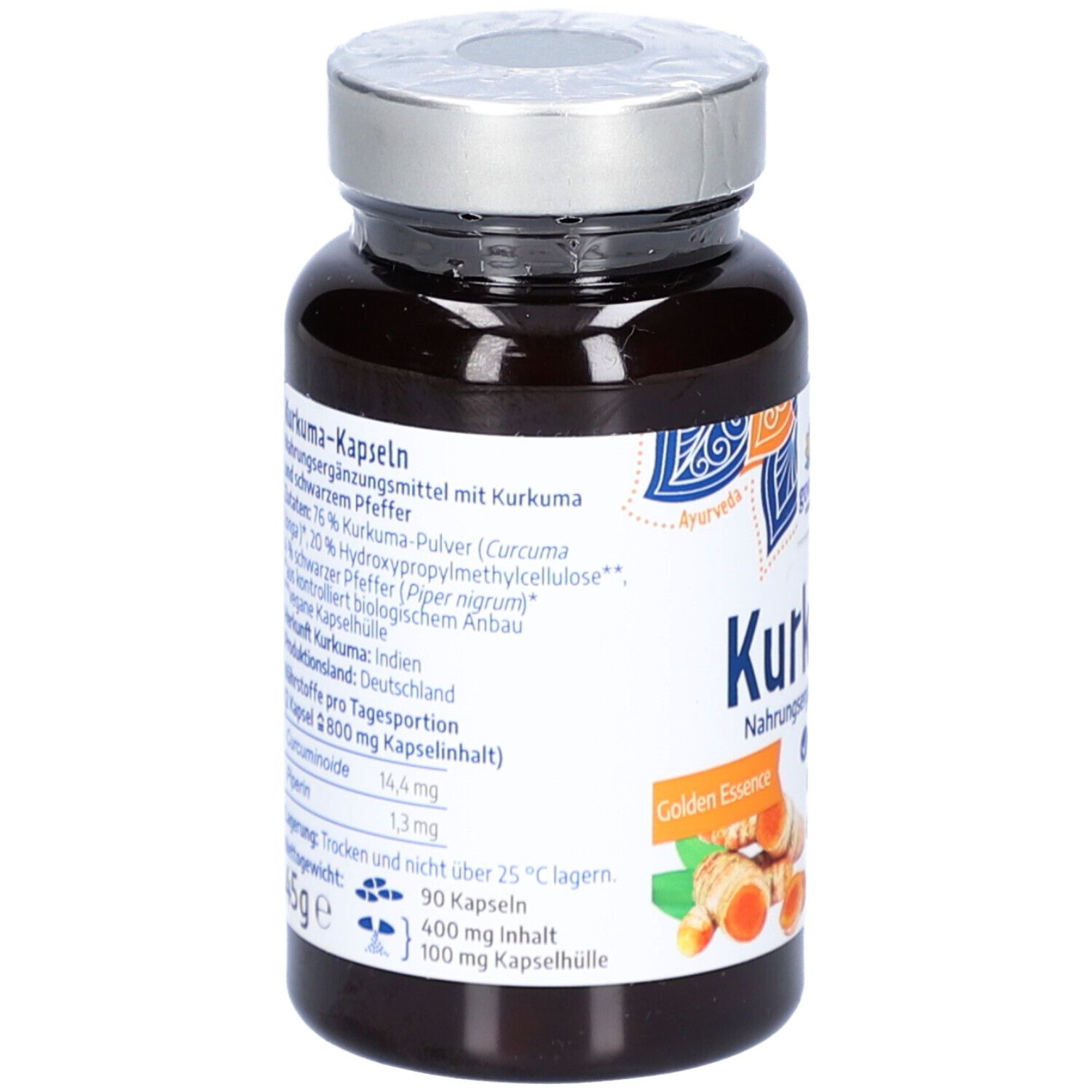 Flacon brun de gélules. Étiquette avec informations, "Kurkuma-Kapseln" et "Golden Essence".