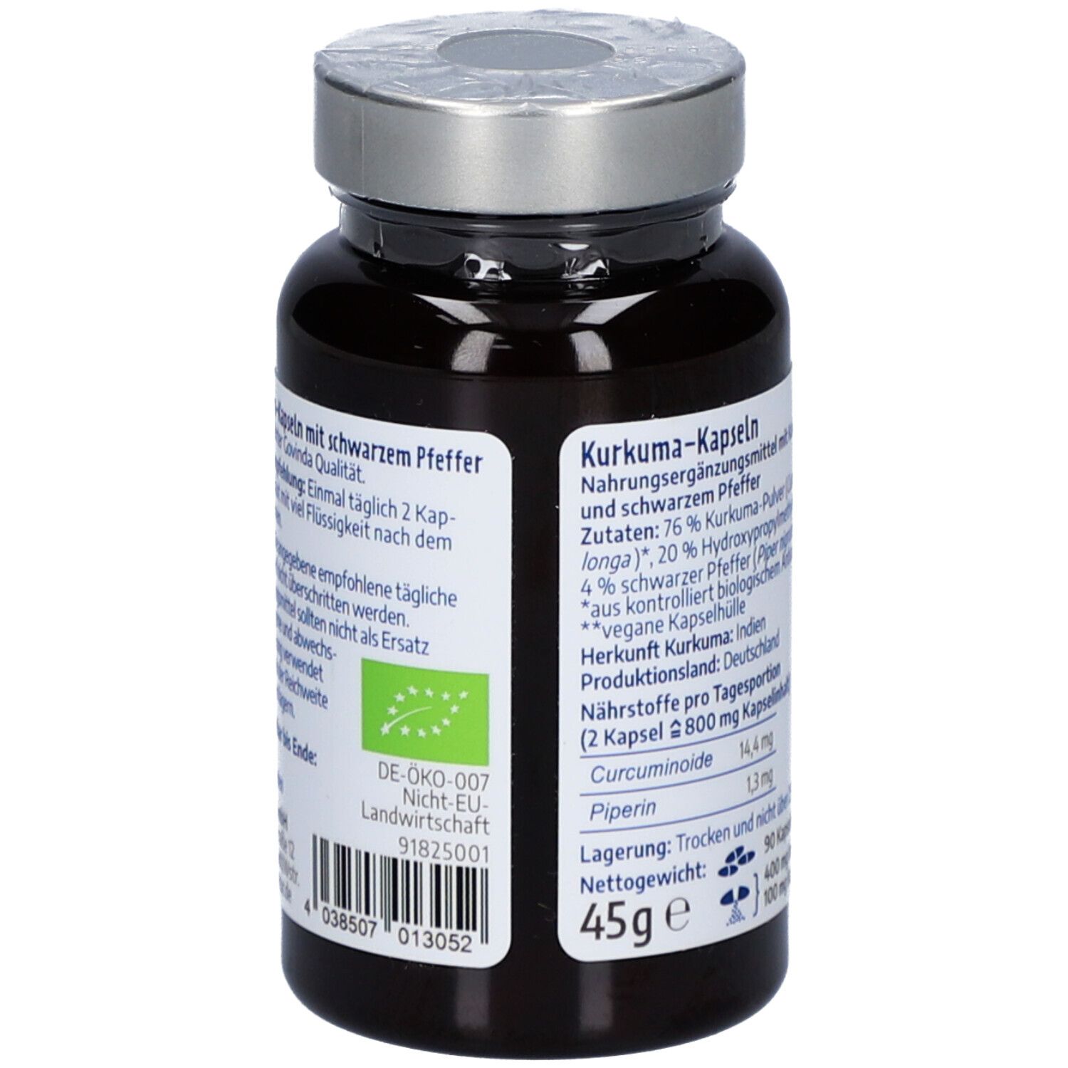 Flacon brun de gélules. Étiquette avec informations, "Kurkuma-Kapseln mit schwarzem Pfeffer" et label bio.