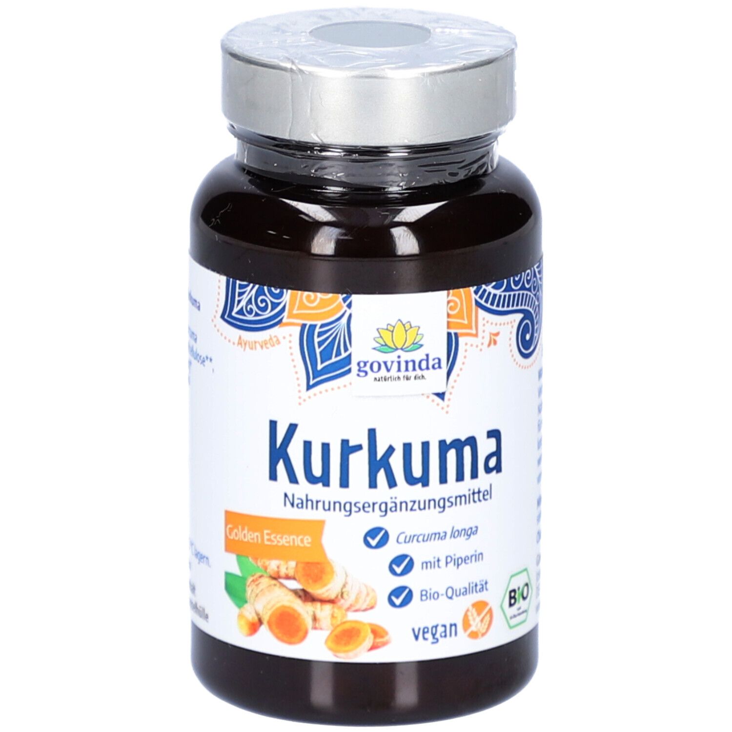 Flacon brun de gélules. Étiquette avec "Kurkuma", "Govinda" et label bio. Contient Curcuma longa.