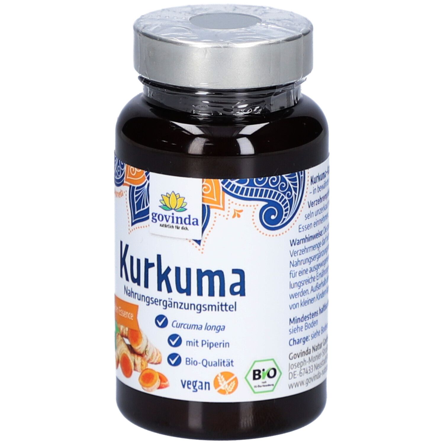 Flacon brun de gélules. Étiquette avec "Kurkuma", "Govinda" et label bio. Contient Curcuma longa.