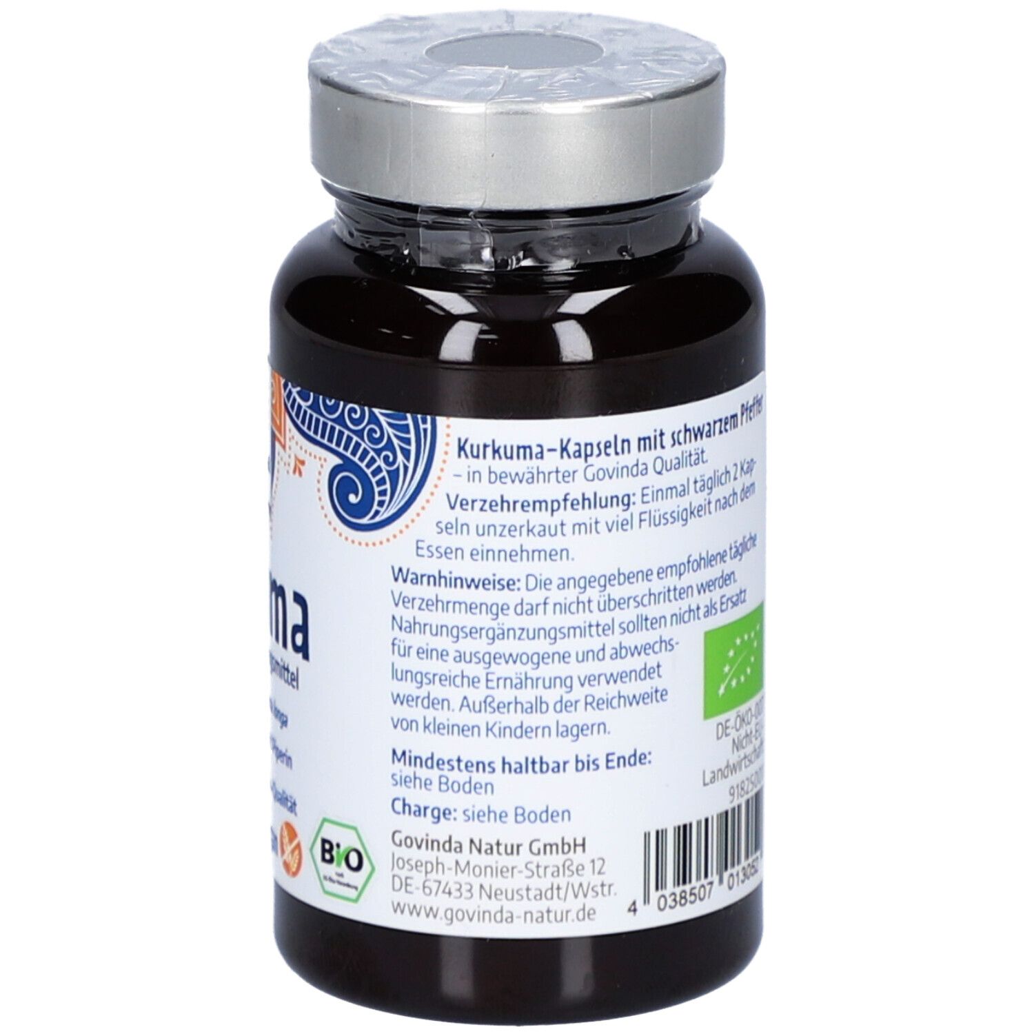 Flacon brun de gélules. Étiquette avec "Kurkuma-Kapseln mit schwarzem Pfeffer", label bio et avertissements.