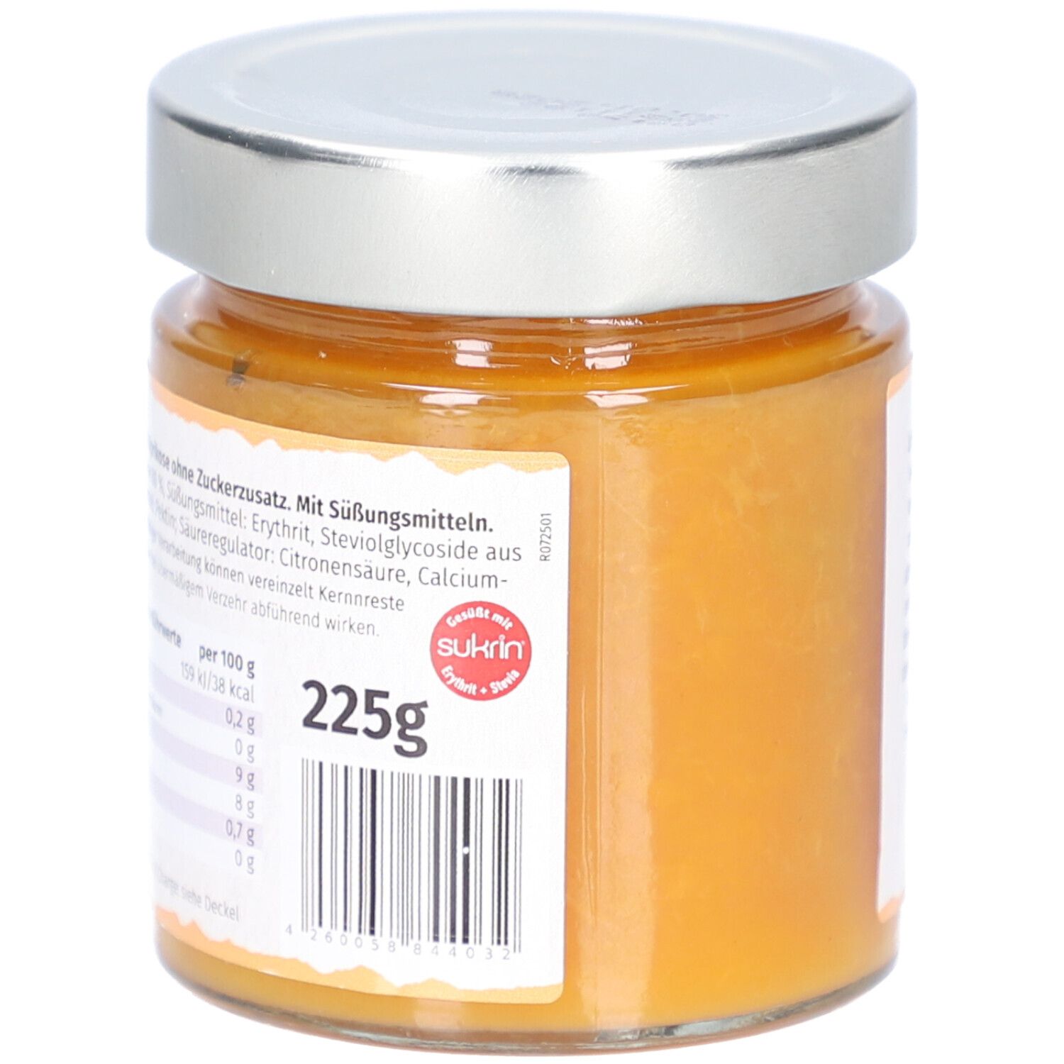 Pot de confiture d'abricots. Étiquette avec informations nutritionnelles et "225g". Couvercle argenté.