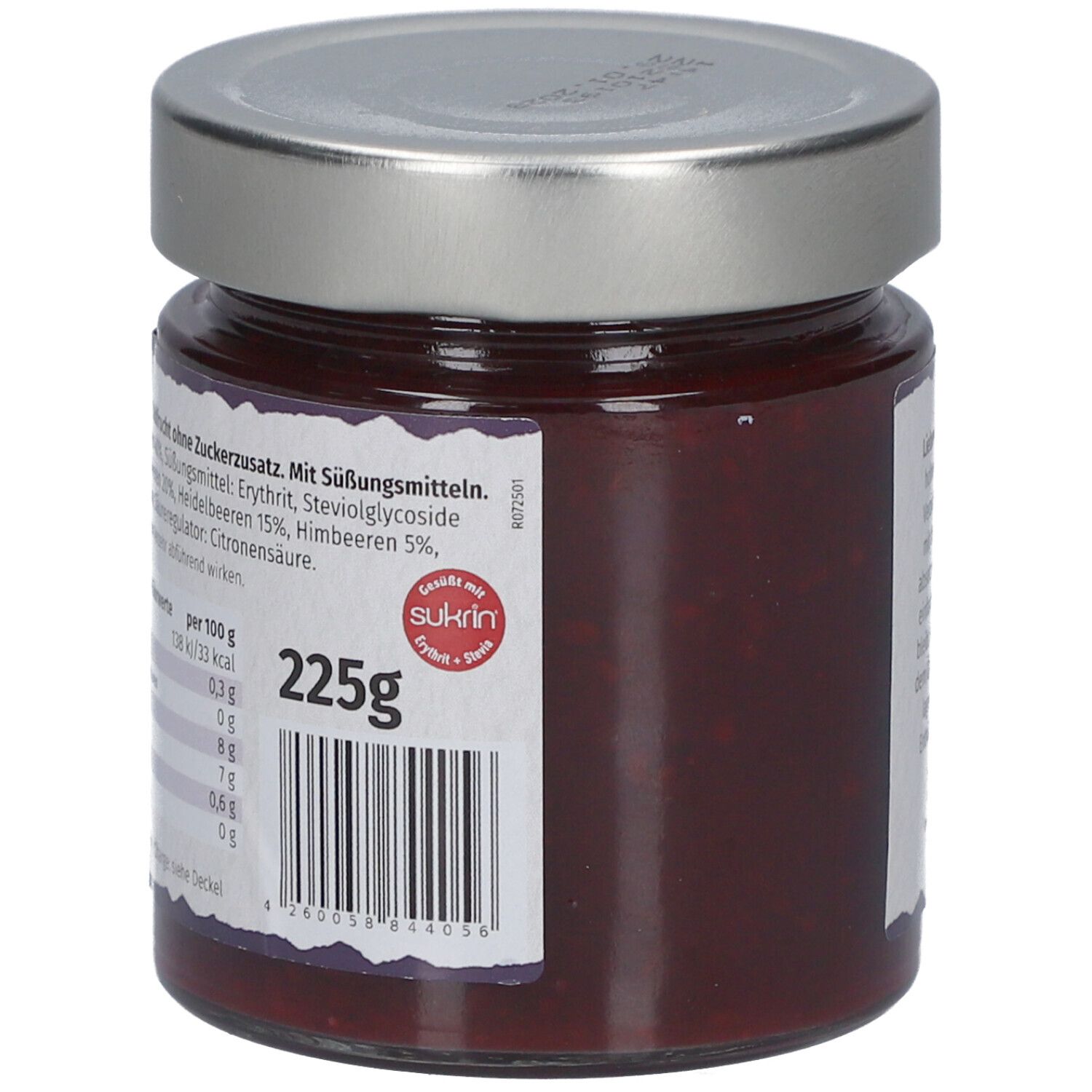 Glas mit Waldfrüchte-Aufstrich. Rückseite mit Nährwertangaben und 225g. Enthält Süßungsmittel. Barcode.