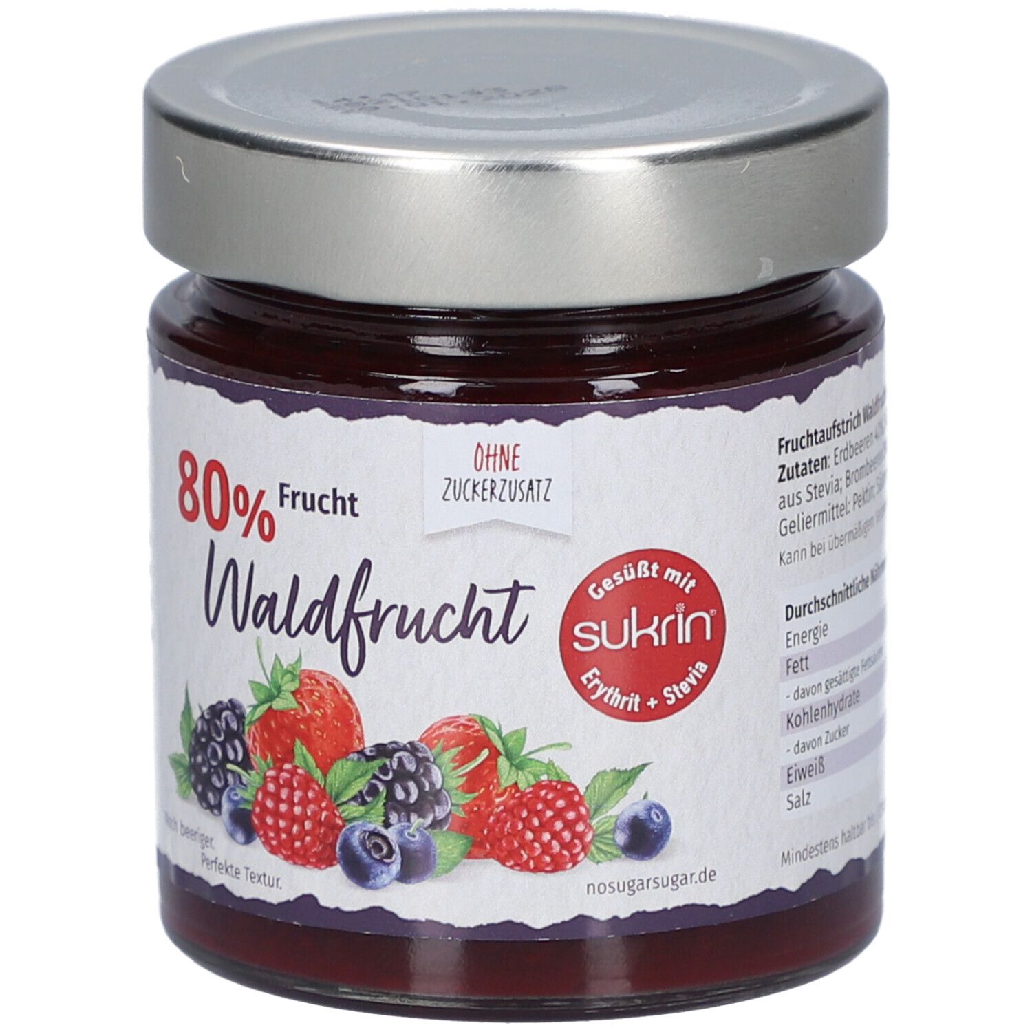 Glas mit Waldfrüchte-Aufstrich. Etikett mit 80% Frucht, ohne Zuckerzusatz, Sukrin. Abbildung von Beeren.