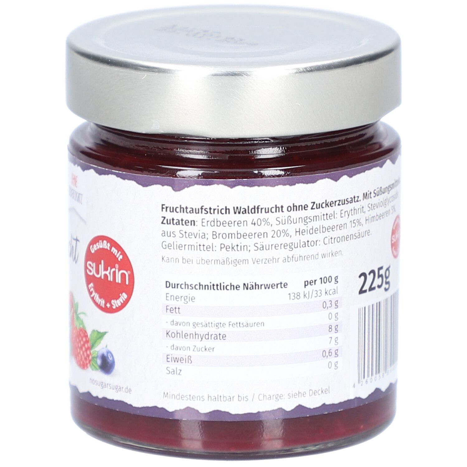 Glas mit Waldfrüchte-Aufstrich. Rückseite mit Nährwertangaben und 225g. Enthält Süßungsmittel. Zutatenliste.