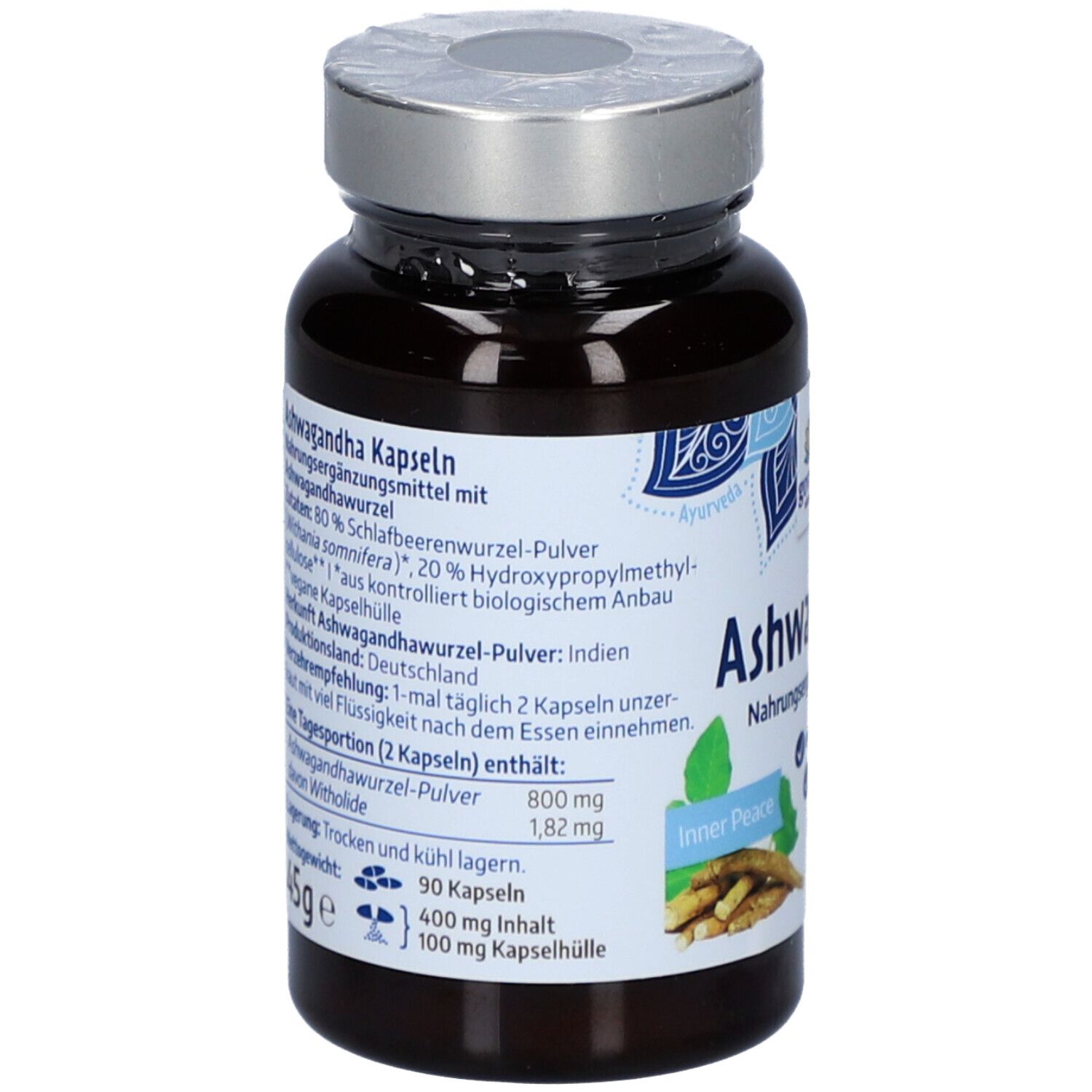 Flacon brun de gélules. Inscription : Gélules Ashwagandha, complément alimentaire. Contient 90 gélules.