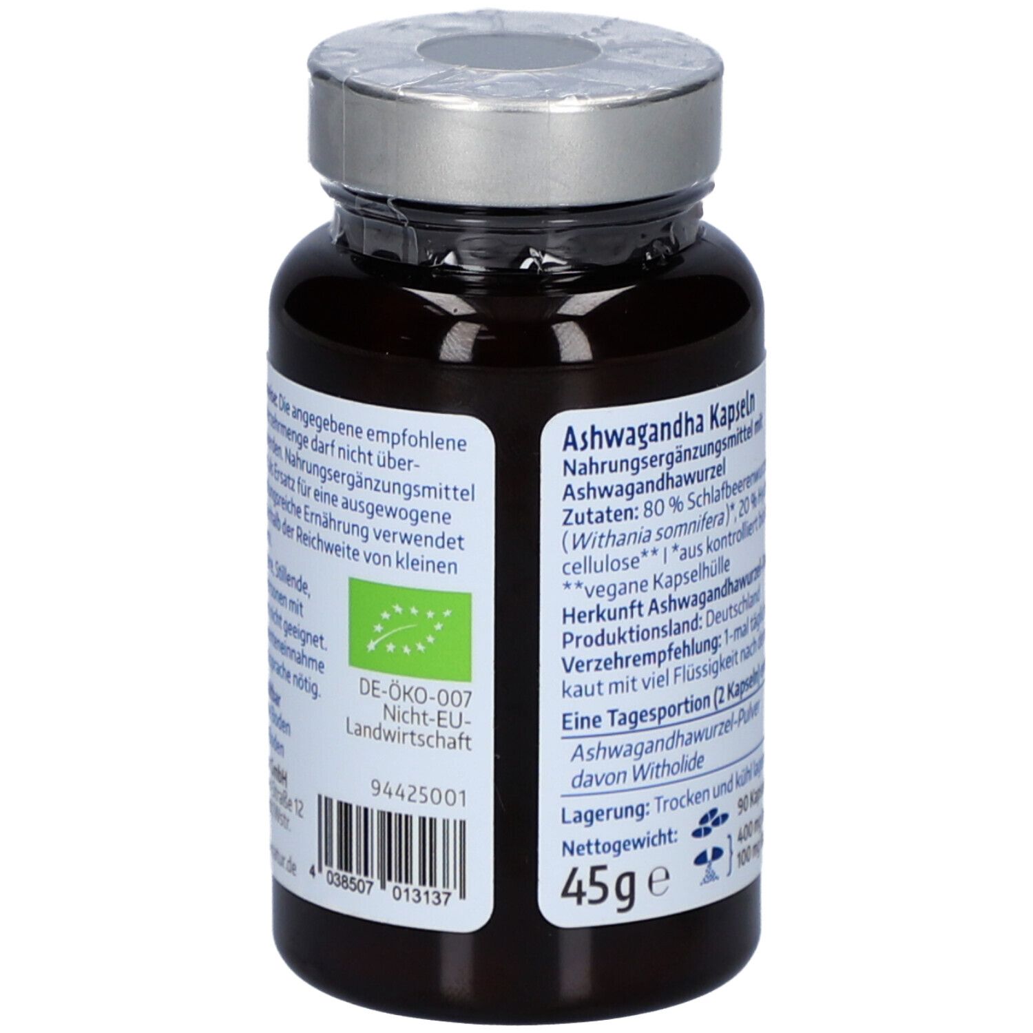 Dos d'un flacon brun de gélules. Inscription : qualité biologique, 45g, DE-ÖKO-007.