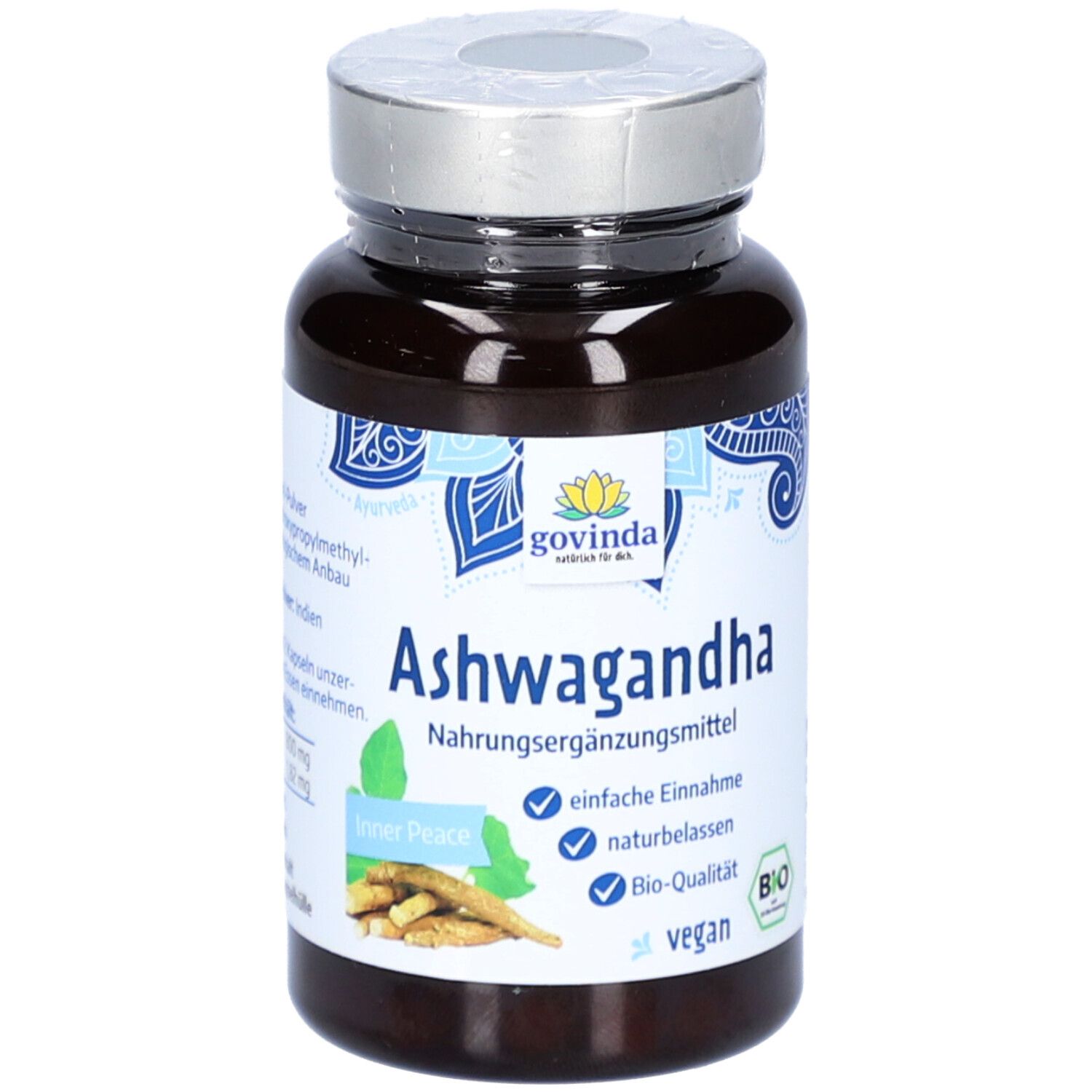 Flacon brun de gélules. Inscription : Ashwagandha, complément alimentaire, qualité biologique, végétalien.