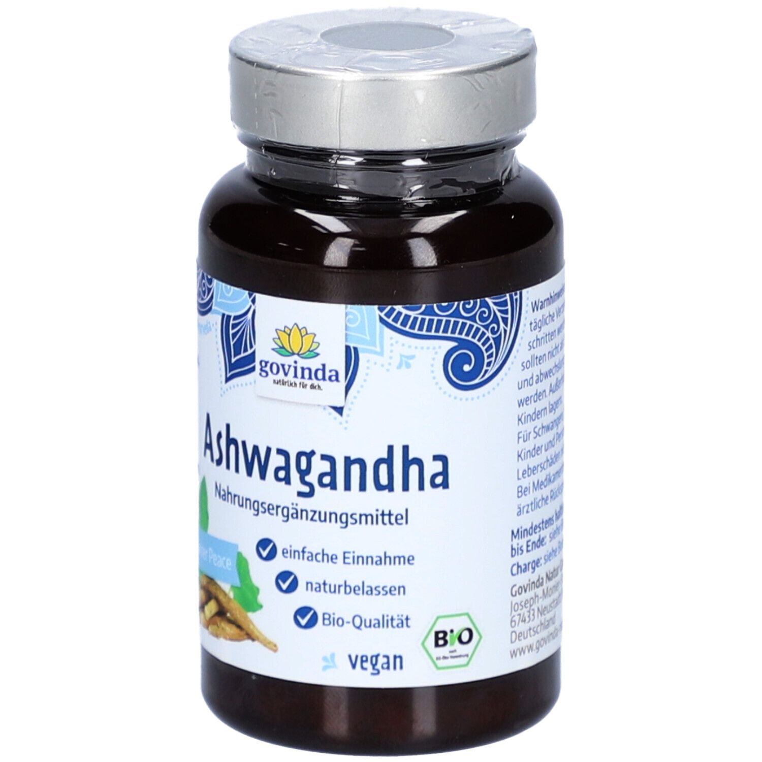 Flacon brun de gélules. Inscription : Ashwagandha, complément alimentaire, qualité biologique, végétalien.