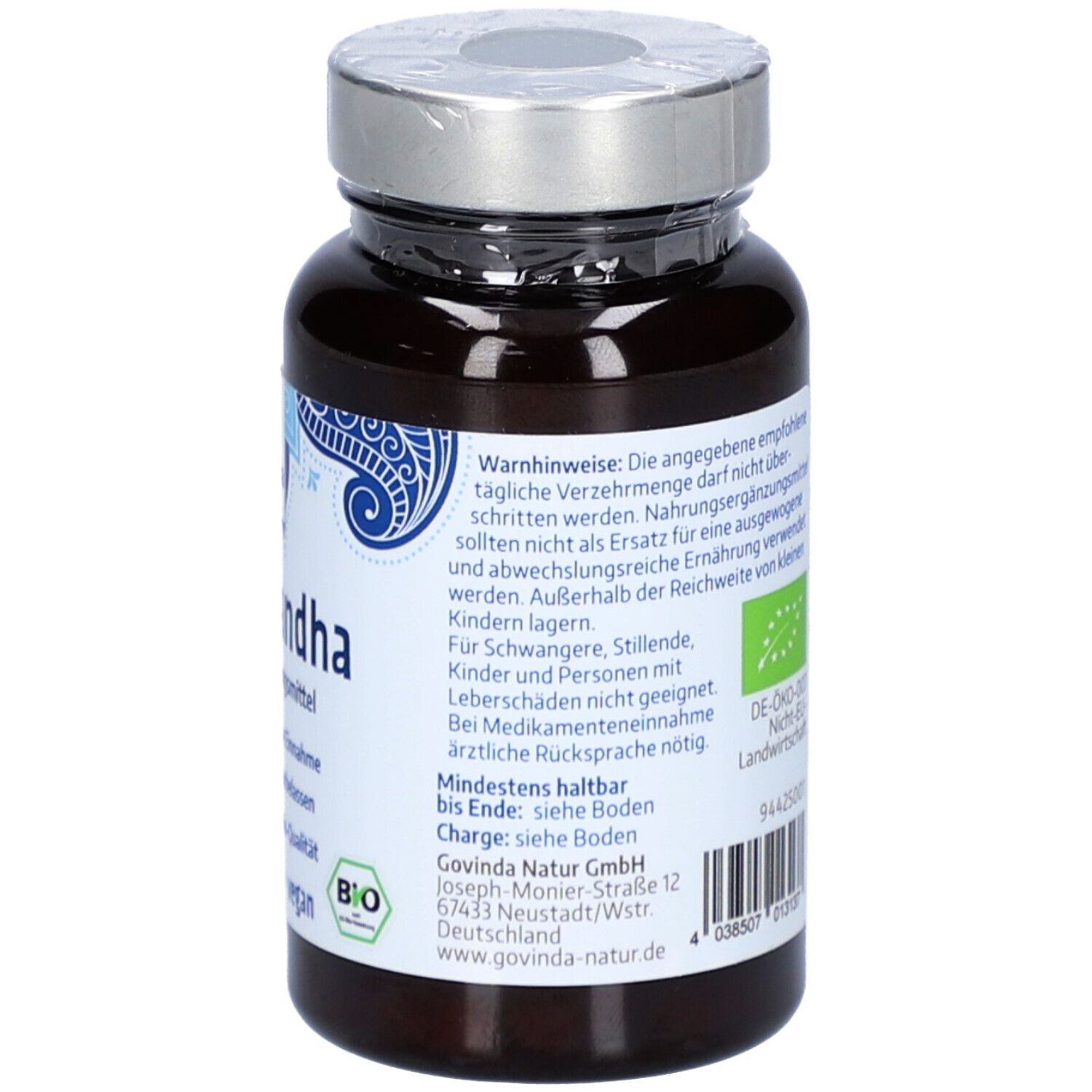 Dos d'un flacon brun de gélules. Inscription : qualité biologique, avertissements, à consommer de préférence avant fin.