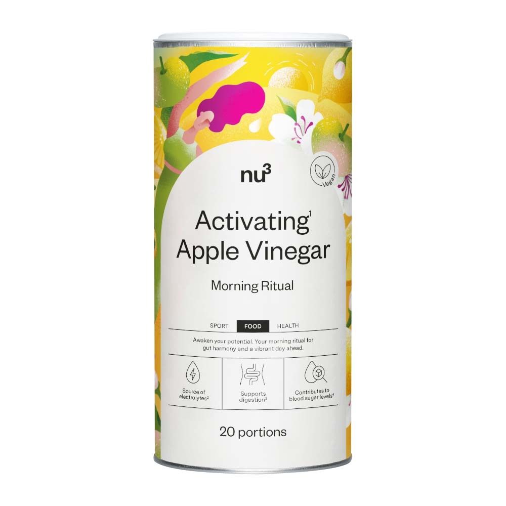 Boîte cylindrique "nu3 Activating Apple Vinegar". Nom du produit, logo et motif floral. 20 portions.