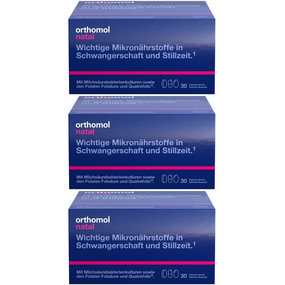 Drei Packungen Orthomol natal. Blaue Schachteln mit weißer Schrift. Text: Wichtige Mikronährstoffe in Schwangerschaft und Stillzeit.