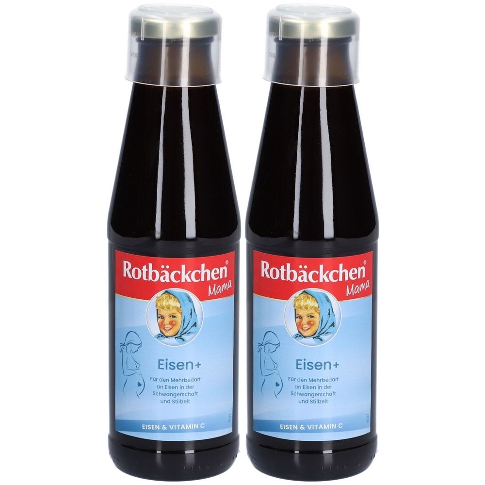 Deux bouteilles de Rotbäckchen Mama Eisen plus. Bouteilles en verre brun avec étiquette. L'étiquette montre un enfant et le texte "Eisen+".