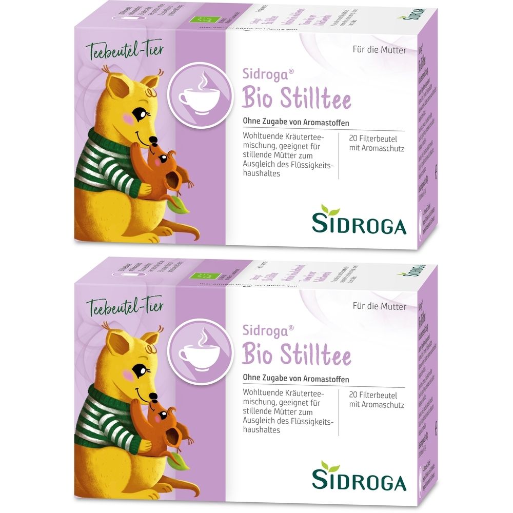 Deux boîtes de thé Bio Stilltee. Inscriptions : Sidroga, Bio Stilltee, 20 sachets. Illustration : ours avec bébé.