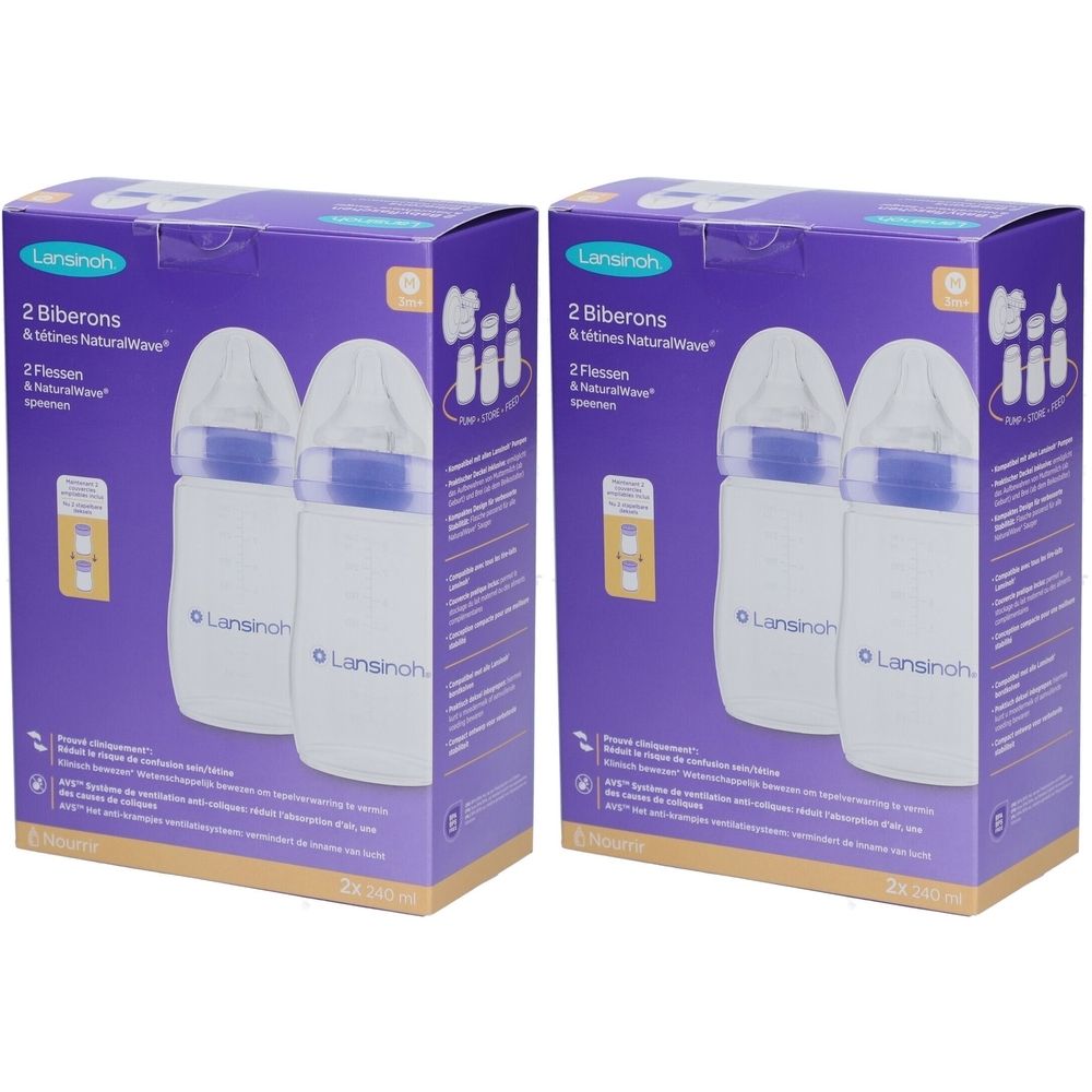 Deux boîtes de biberons. Chaque boîte présente deux biberons avec tétines NaturalWave®. Inscription : Lansinoh.