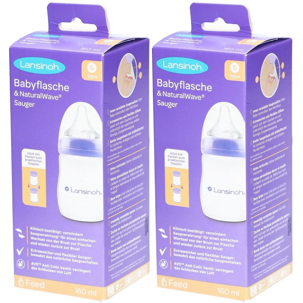 Zwei Packungen Babyflaschen mit Sauger. Lila Verpackung mit Produktabbildung und Markennamen Lansinoh. Text in Deutsch.
