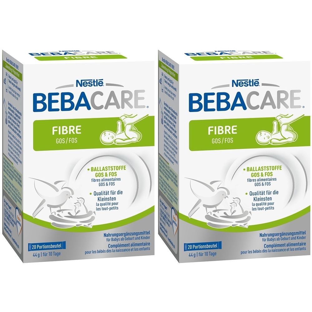 Deux boîtes BEBACARE FIBRE. Inscription : Nestle, FIBRE GOS/FOS, fibres, qualité pour les tout-petits. 20 sachets.