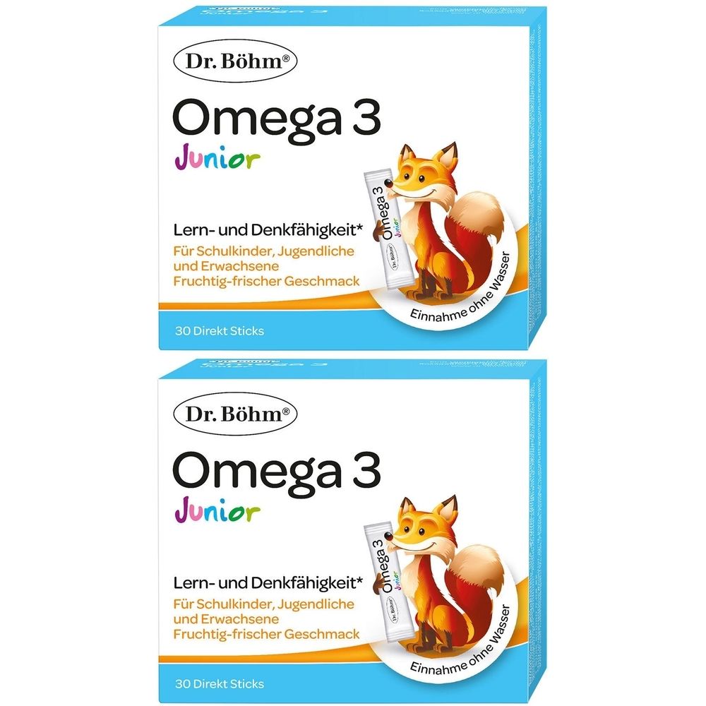 Deux boîtes de Dr. Böhm Omega 3 Junior. Inscription : Omega 3 Junior, capacité d'apprentissage, 30 sticks. Illustration : Renard.
