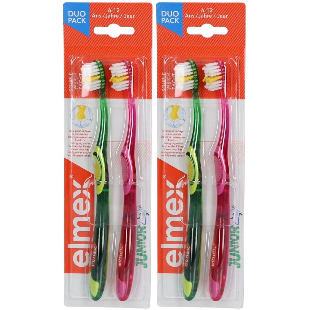 Paquet de deux brosses à dents. Vert et rose. Inscription: elmex Junior, 6-12 ans. Emballage avec trou de suspension.
