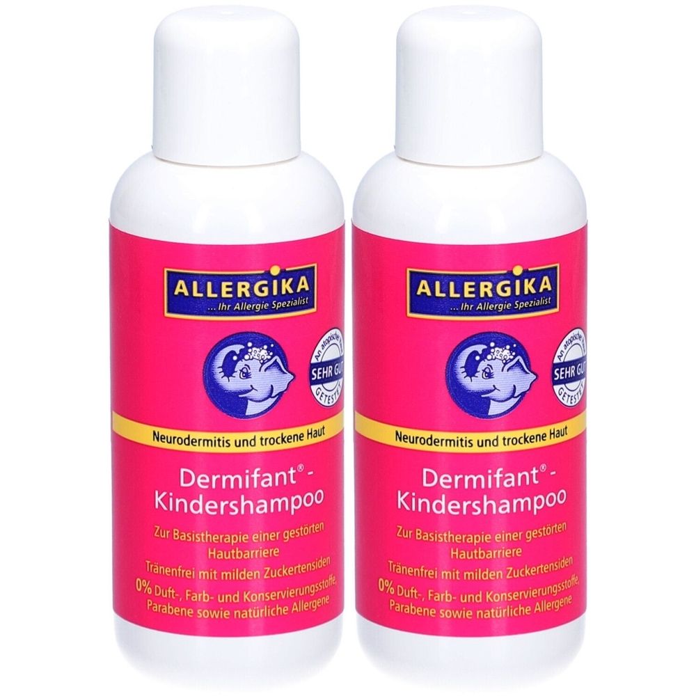 Deux flacons de shampooing pour enfants. Étiquette rose avec texte blanc. Inscription: Dermifant Kindershampoo, Neurodermitis und trockene Haut.