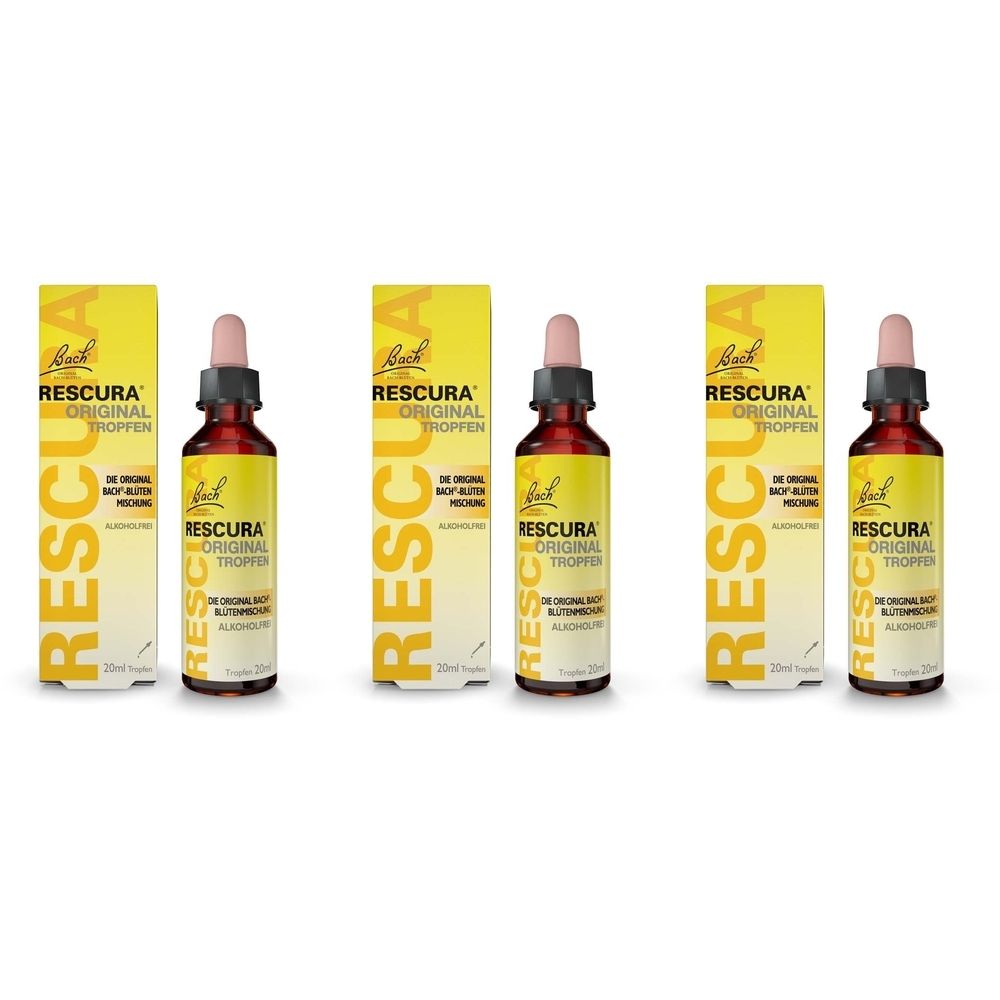 Trois flacons et emballages de RESCURA Original Tropfen. Flacons bruns avec pipettes, emballages jaunes avec nom du produit.