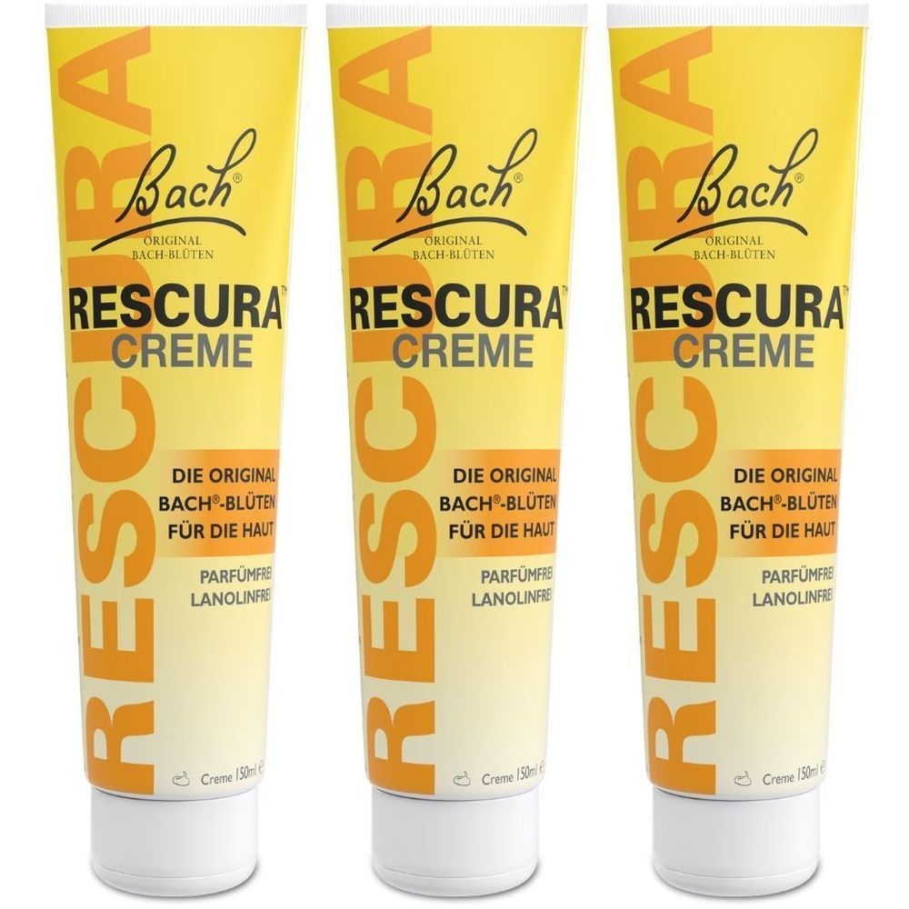 Trois tubes de crème RESCURA. Tubes jaunes avec texte orange. Inscription : Bach Original Bach-Blüten, RESCURA Creme, pour la peau.