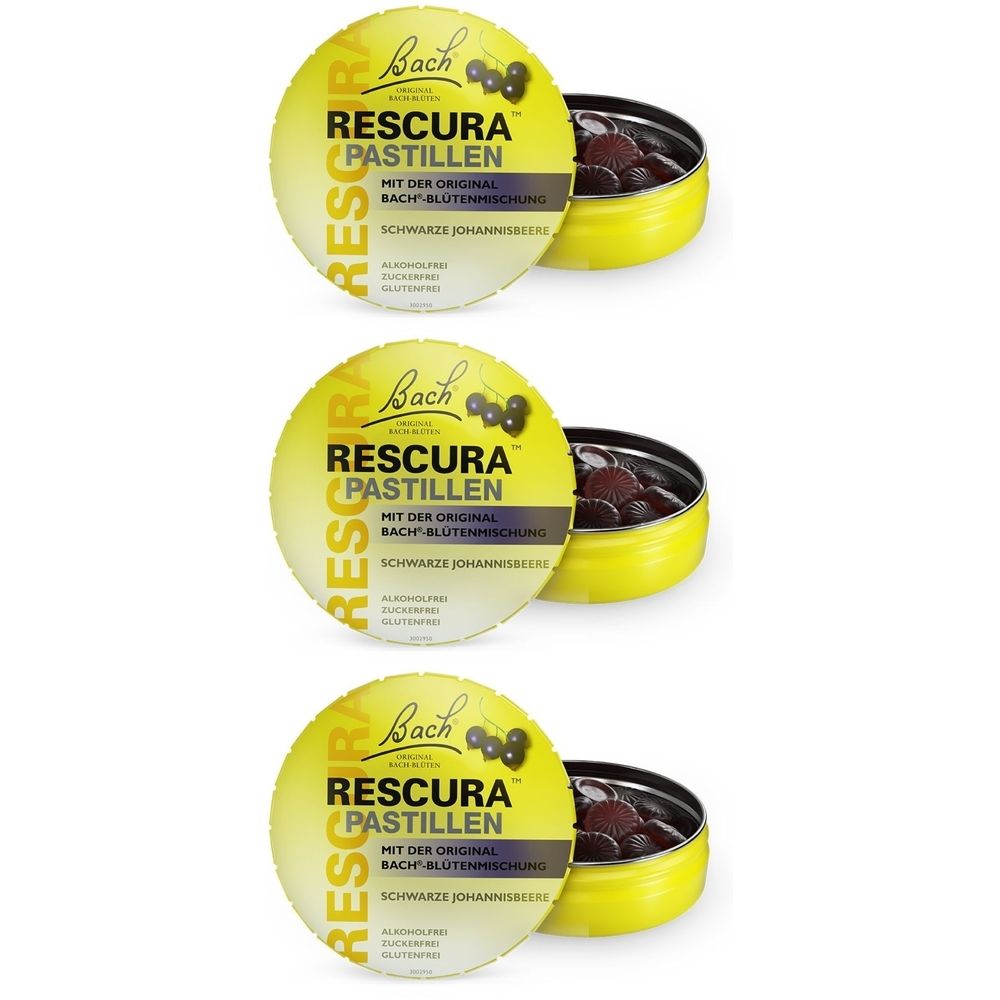 Drei gelbe Dosen mit Bach RESCURA Pastillen. Aufschrift: RESCURA PASTILLEN, schwarze Johannisbeere. Geöffnete Dose mit Pastillen.