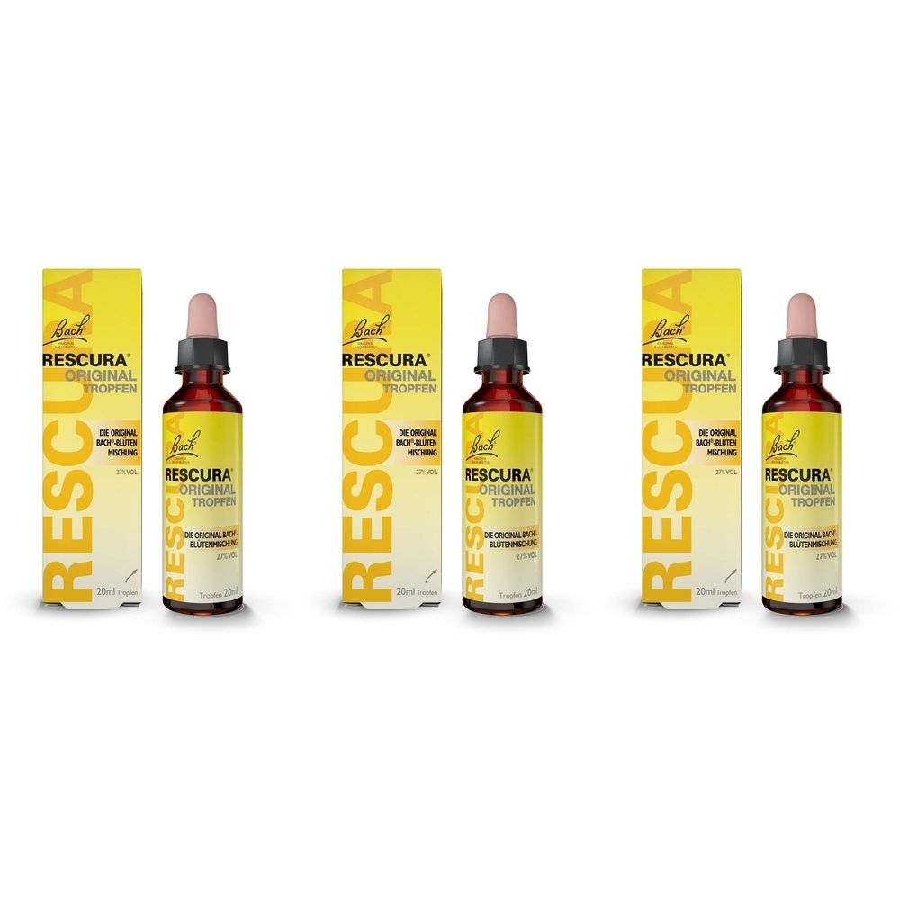 Trois flacons avec compte-gouttes et boîtes jaunes. RESCURA ORIGINAL TROPFEN est écrit sur les flacons et les boîtes.