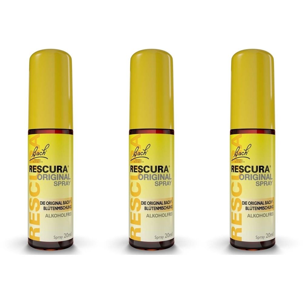 Drei Sprays mit gelben Deckeln und Etiketten. Aufschrift: RESCURA ORIGINAL SPRAY, alkoholfrei. Marke: Bach.