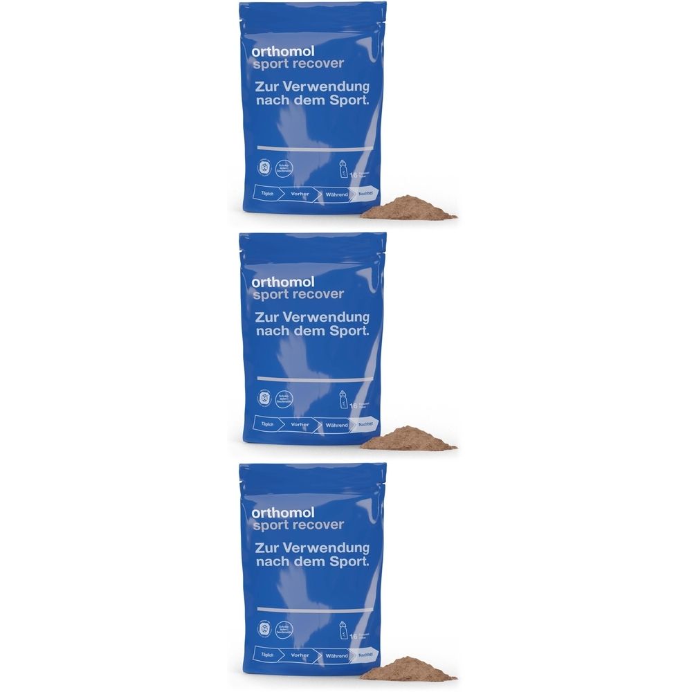 Trois sachets bleus 'Orthomol sport recover'. Poudre brune à côté. Pour une utilisation après le sport.