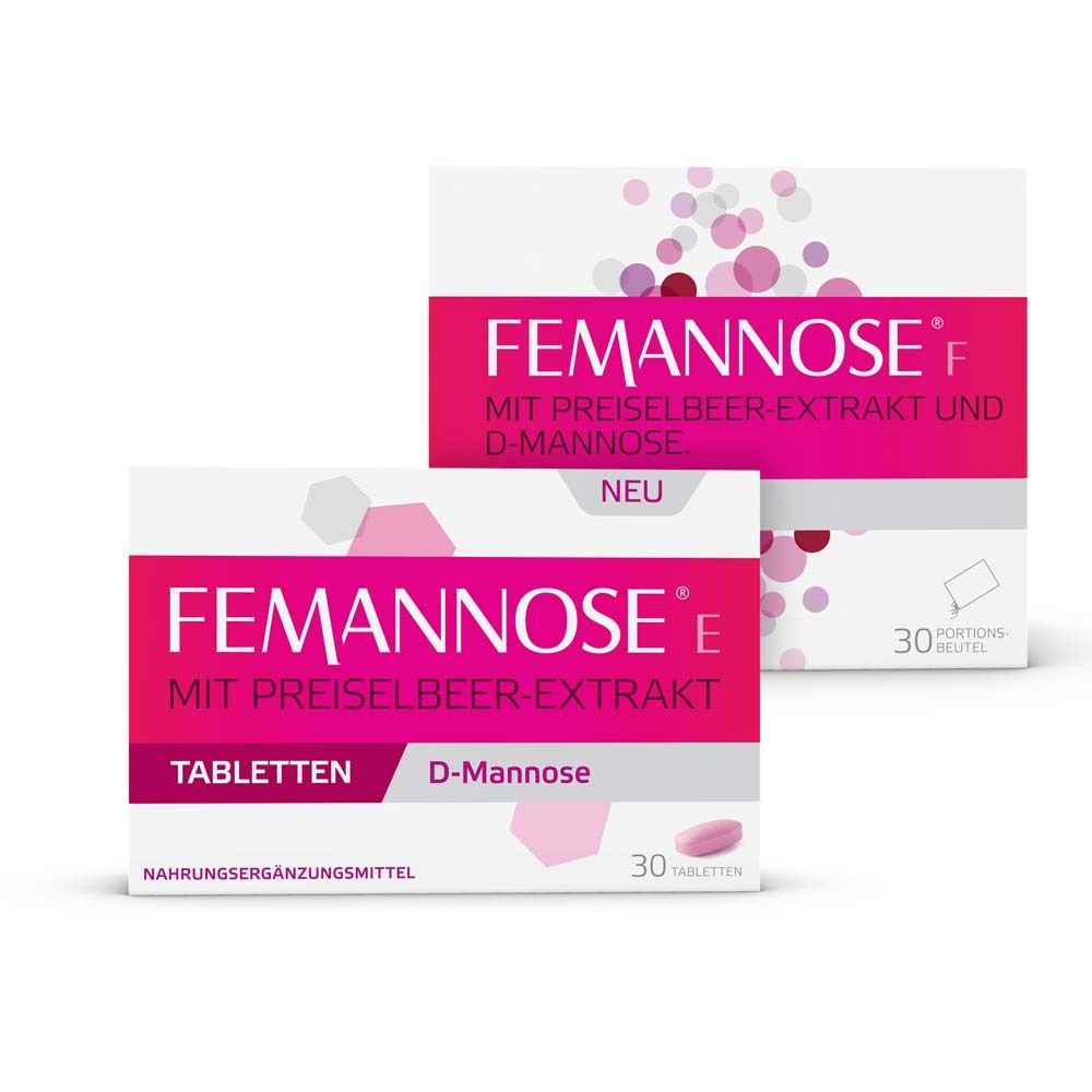 Zwei Packungen Femannose E und Femannose F. Femannose E Tabletten, Femannose F mit Portionsbeuteln. Rosa und weiße Verpackung.