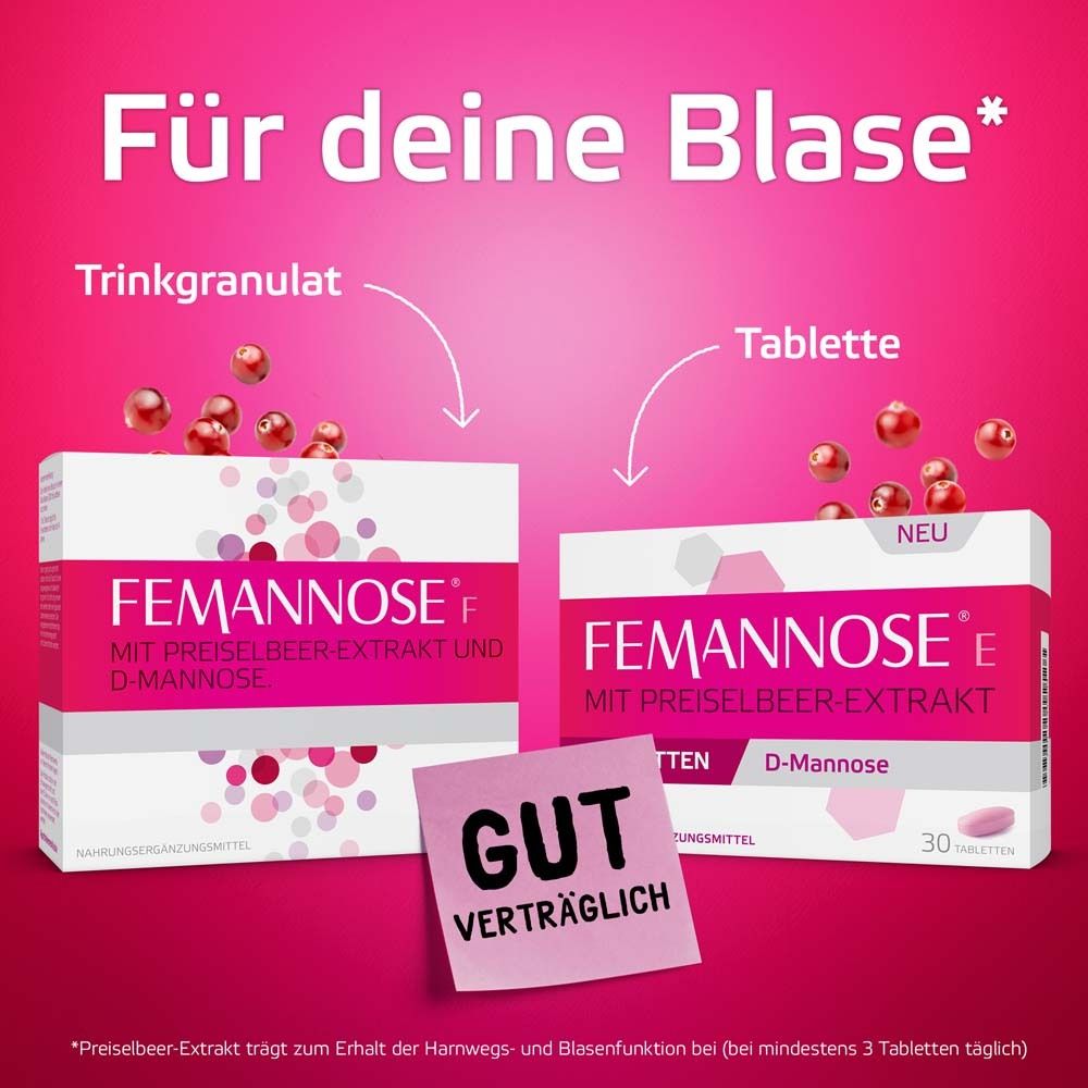Femannose E und Femannose F Packungen. Femannose E Tabletten und Femannose F Trinkgranulat. Text: Gut verträglich.
