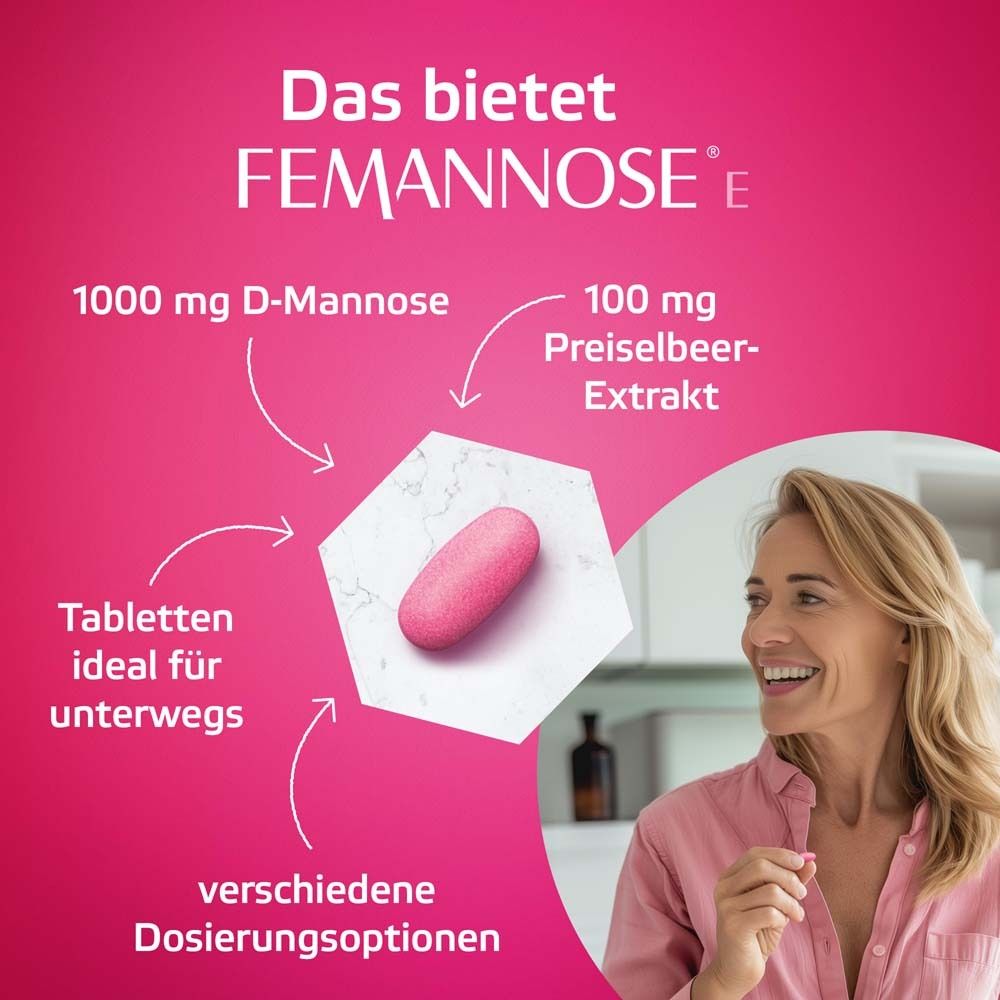Rosa Tablette. Text: 1000 mg D-Mannose, 100 mg Preiselbeer-Extrakt. Tabletten ideal für unterwegs. Verschiedene Dosierungsoptionen.