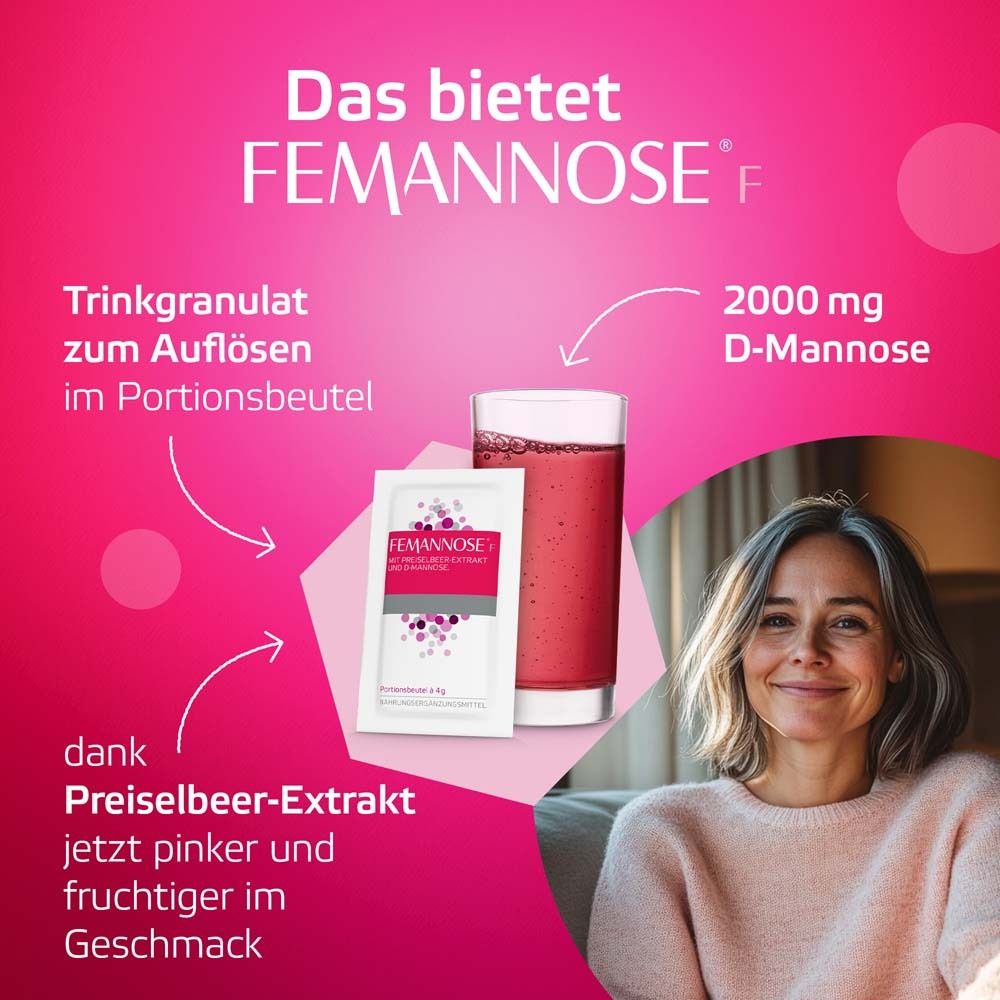 Trinkgranulat und Glas mit rosa Flüssigkeit. Text: 2000 mg D-Mannose. Dank Preiselbeer-Extrakt jetzt pinker und fruchtiger im Geschmack.